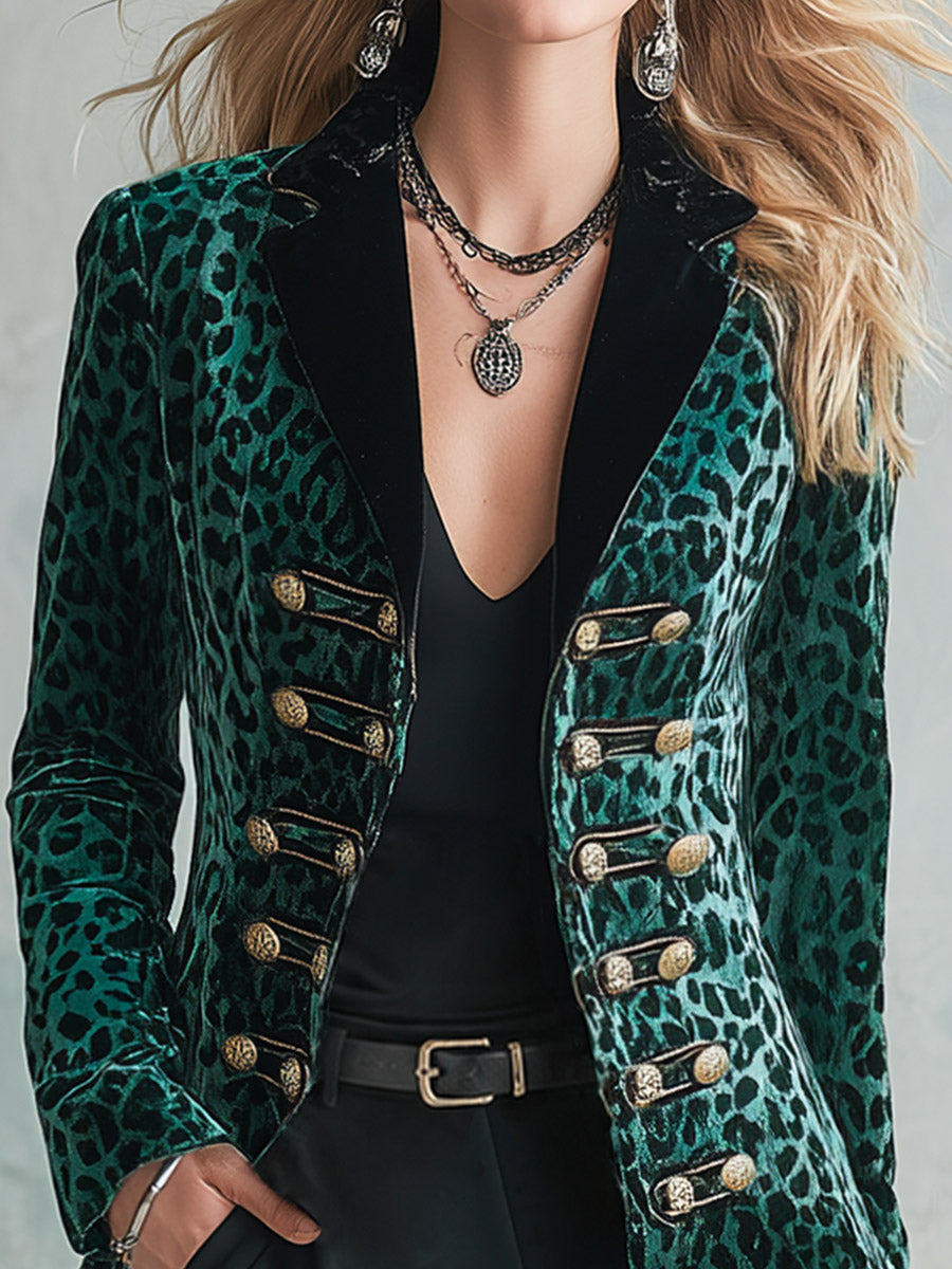 Vintage Military Style Horizontal Button Green Leopard Print Velvet Blazer