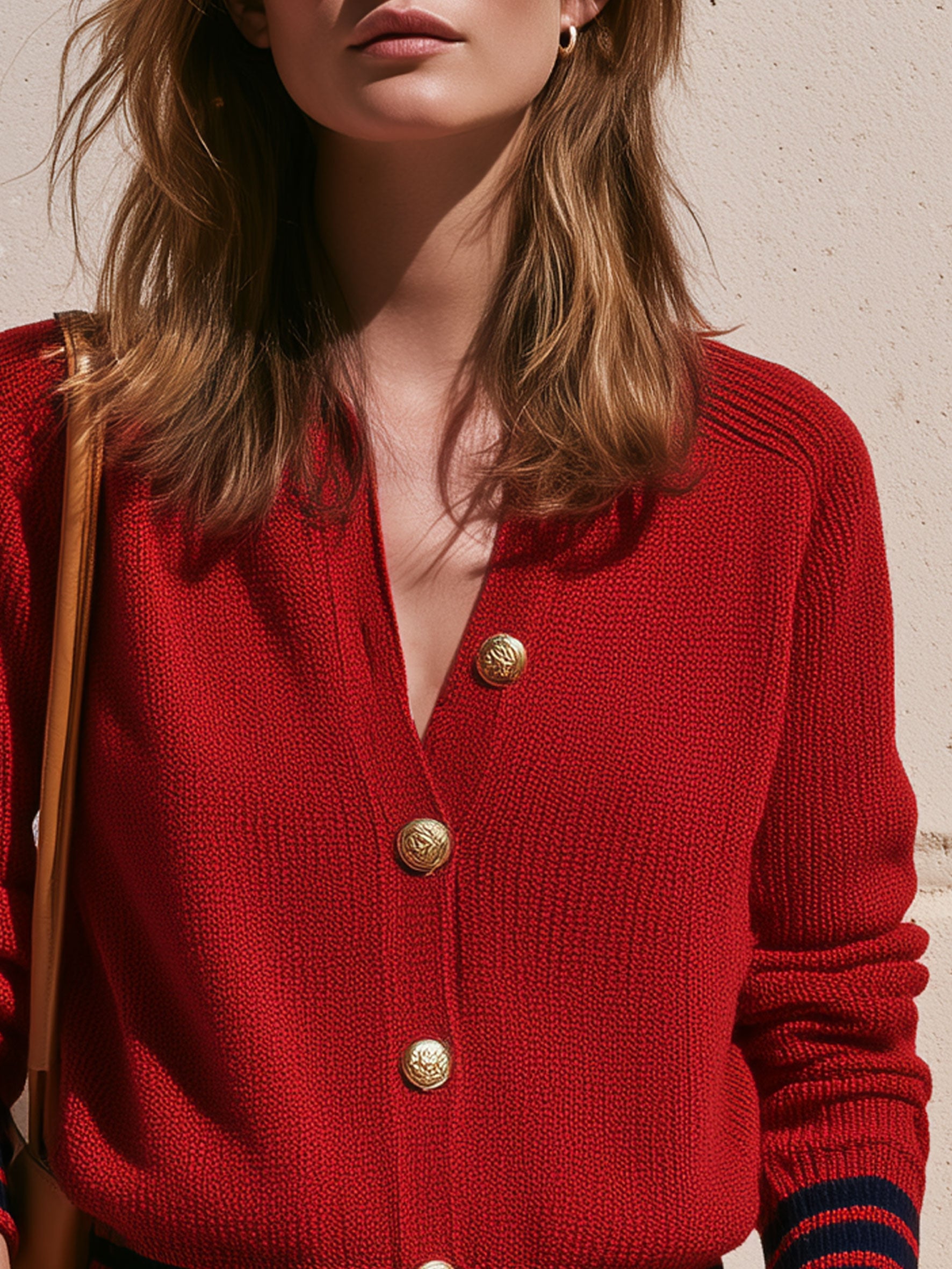 Casual Retro Striped Red Knit Cardigan