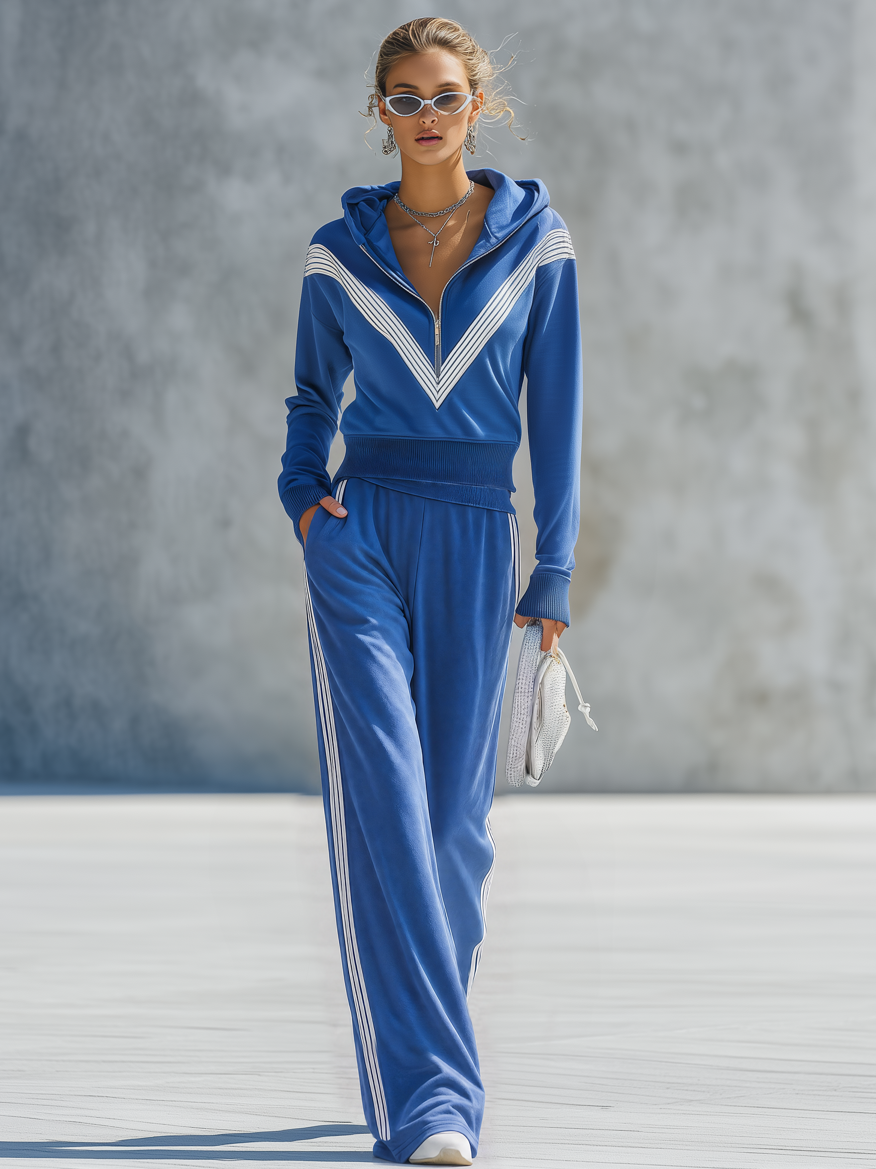 Retro-casual Elegant Blue Cotton-blend Sweatshirt And Sweatpants Set