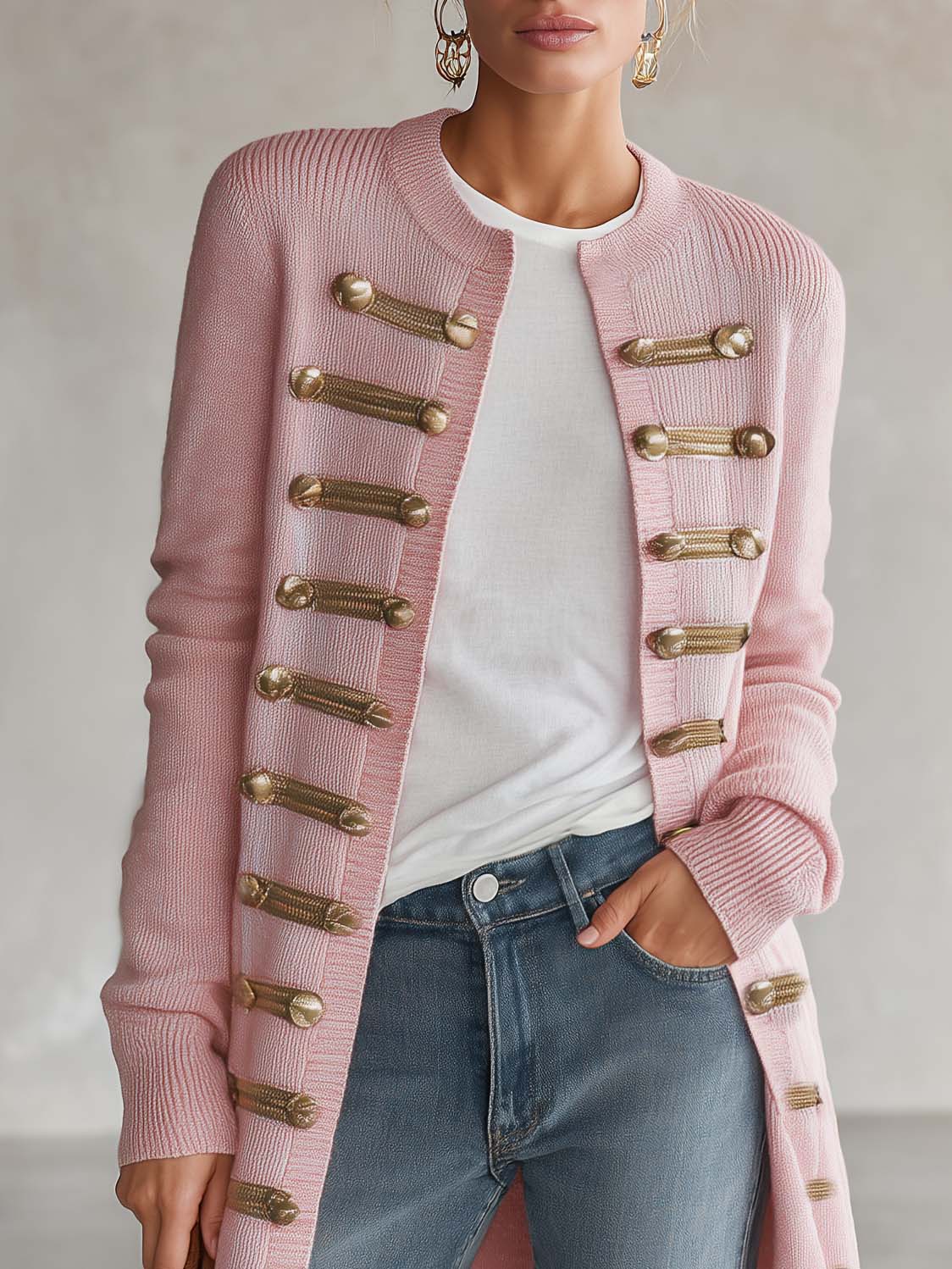 Vintage Pink Knit Gold-Button Band-Trim Open-Front Longline Military Cardigan Women