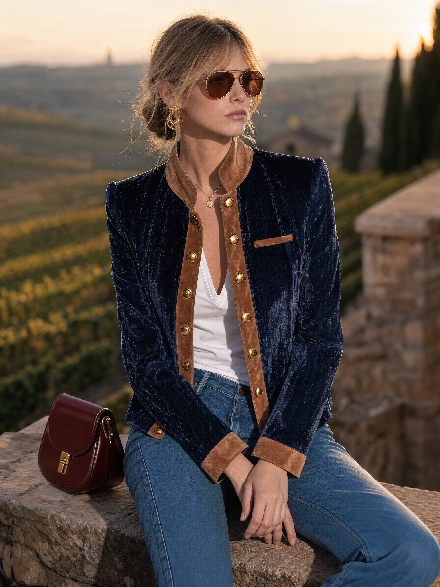 Vintage Dark Blue Velvet Suede-Trim Gold-Button Stand-Collar Military Jacket Women