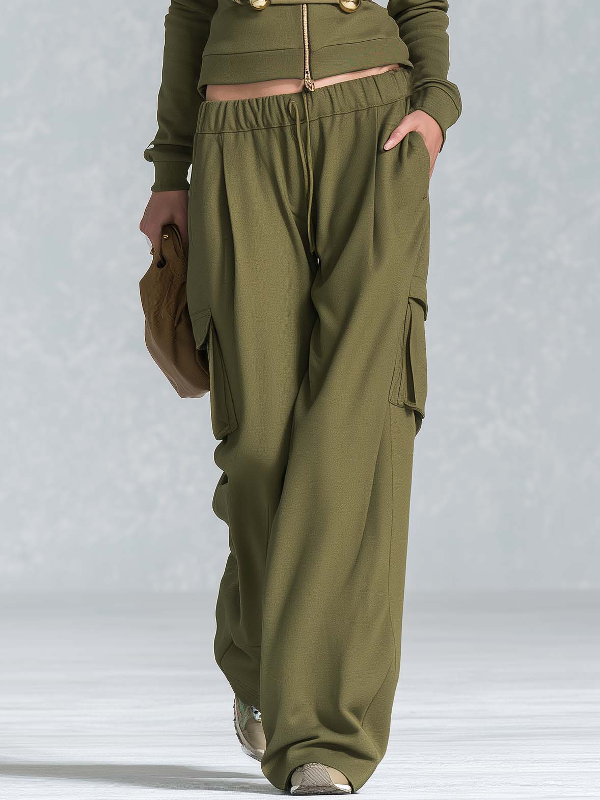 Vintage Military Olive Hooded Gold-Button Zip Hoodie Cargo Pants Set Women