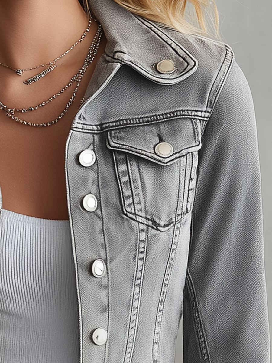 Fitted Grey Denim Jacket Women Ruffle Hem Peplum Flare Cuff Feminine