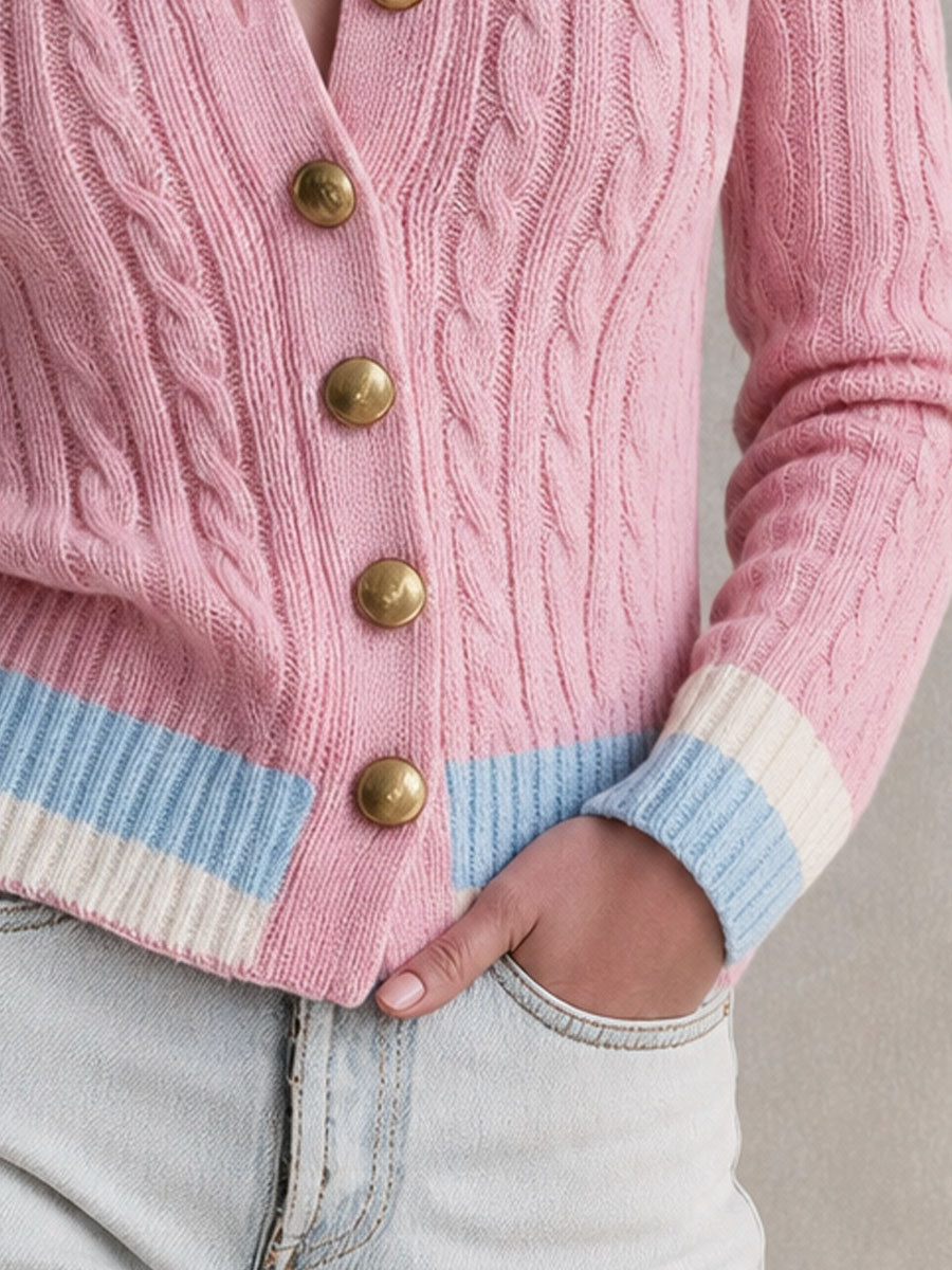 Retro-elegant Pink Color-blocked Single-breasted Knit Cardigan