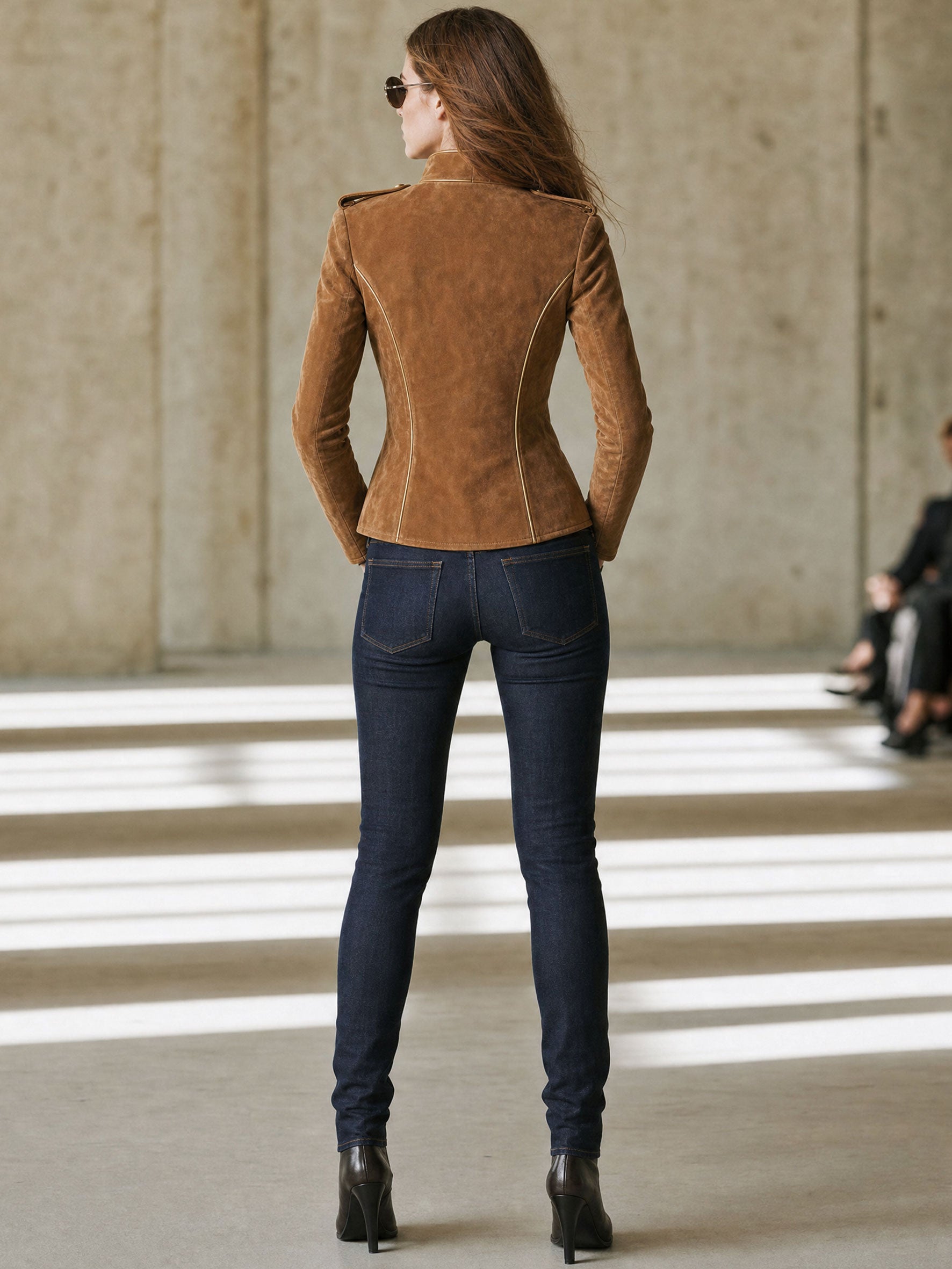 Casual Retro Gold-ribbed Camel-colored Faux Suede Zip-up Jacket