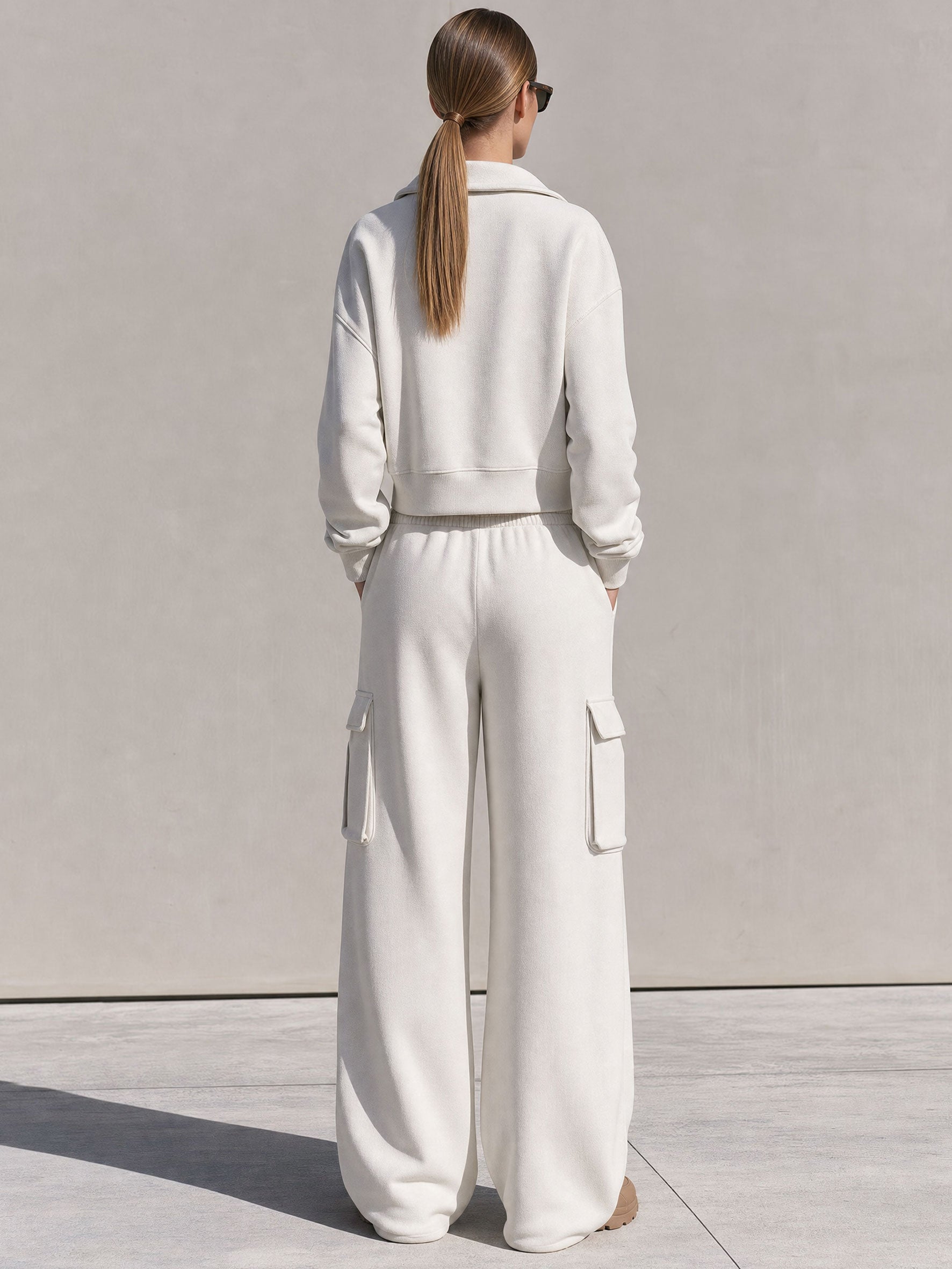 Casual Sports White Cotton Half-zip Sweatshirt And Cargo Pants Set