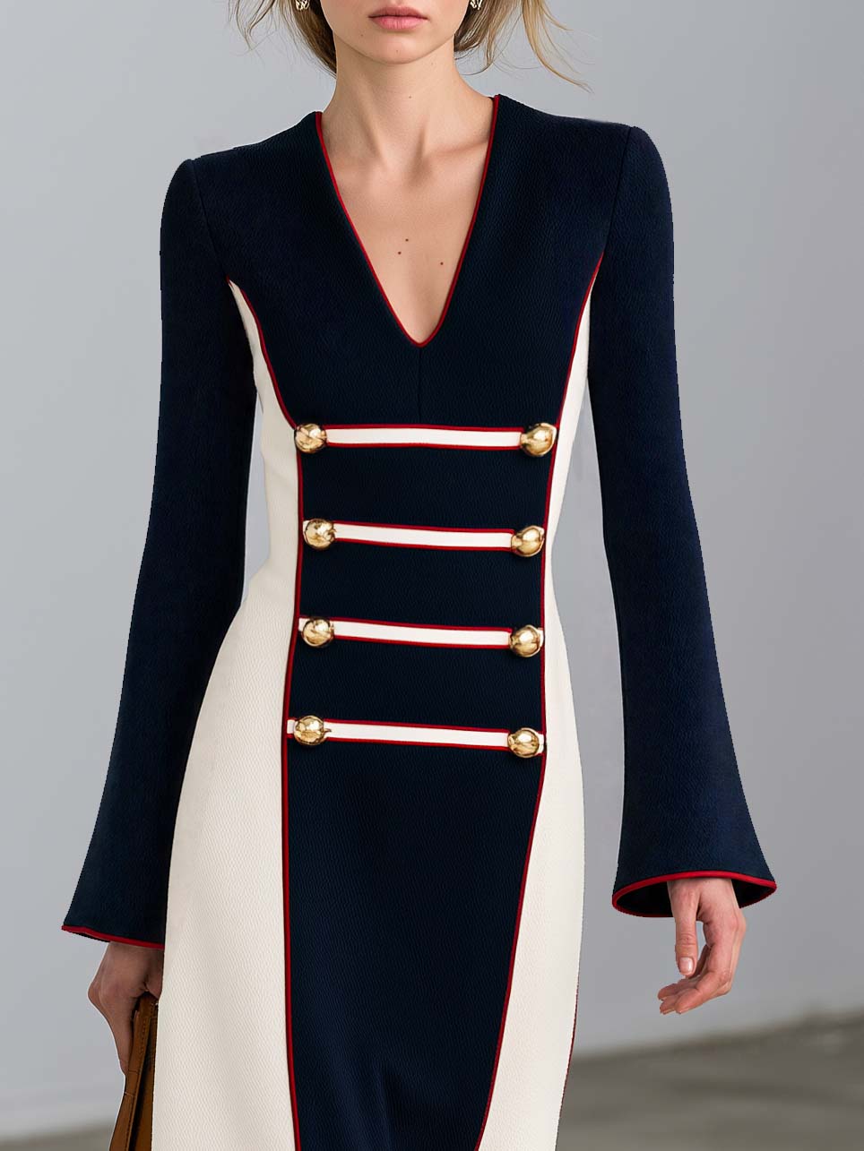 Elegant Military Dark Blue And White Color-Block Slit Maxi Dress