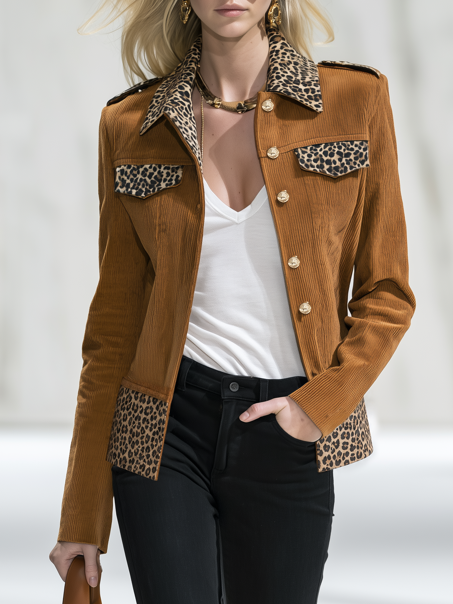Retro-casual Elegant Corduroy Jacket With Leopard Print Panels