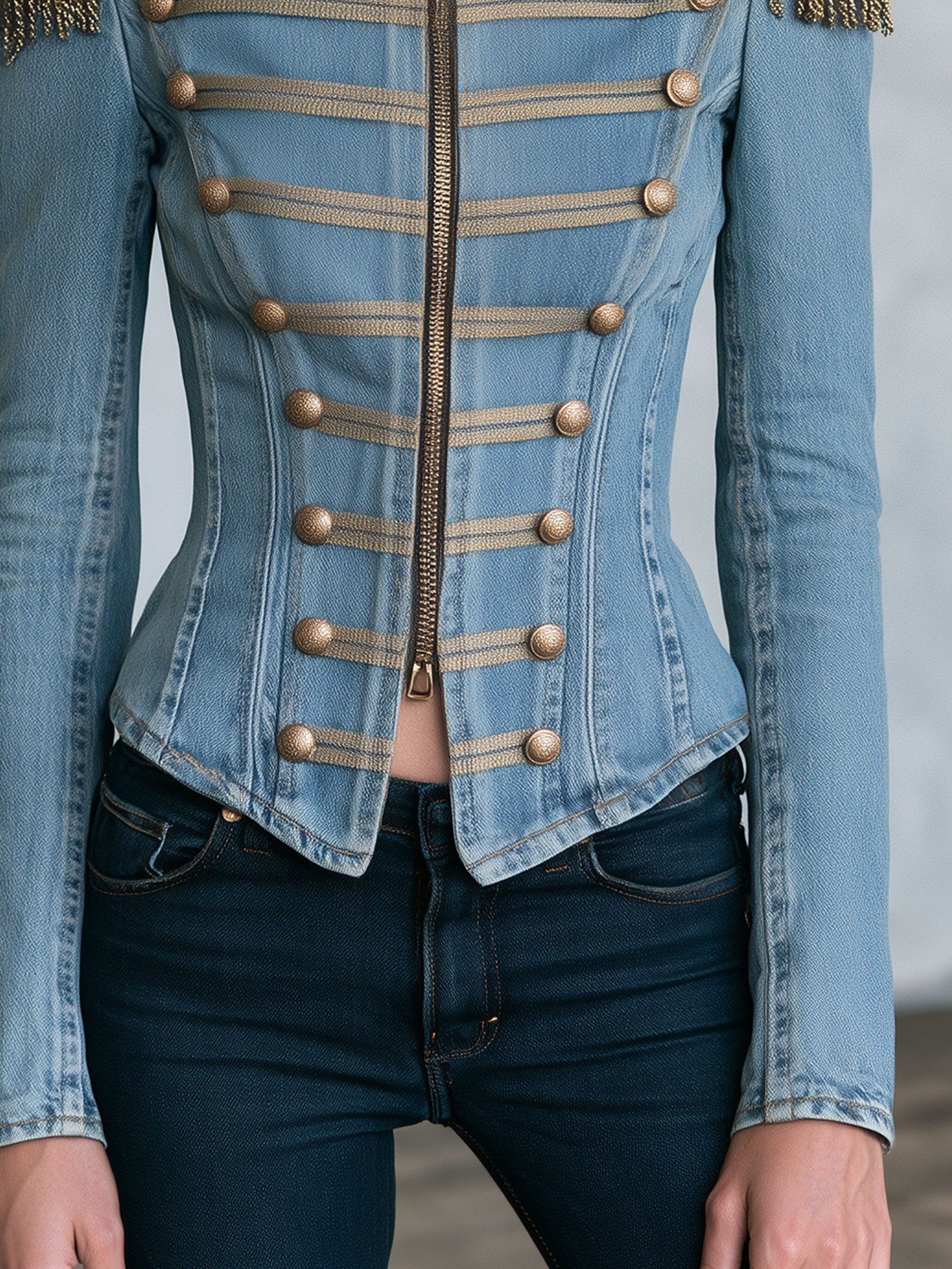 Western Retro Tassel Button Zipper Light Blue Denim Jacket