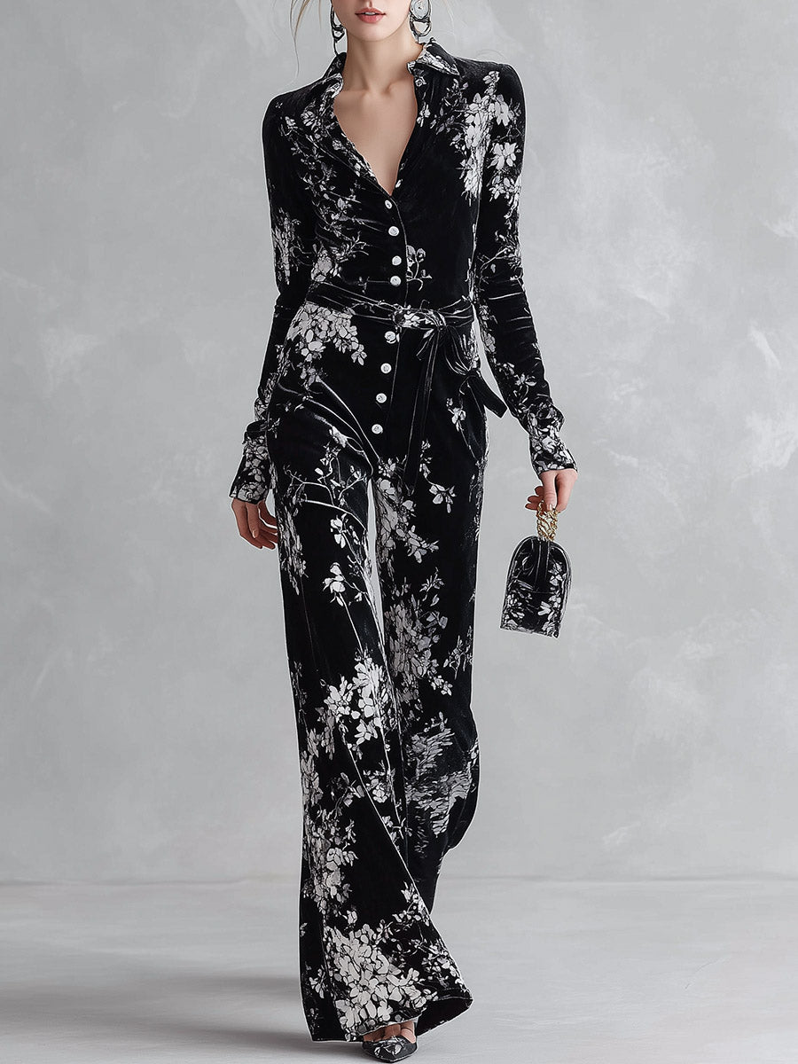 Floral Print Velvet Long Sleeve Wide Leg Jumpsuit