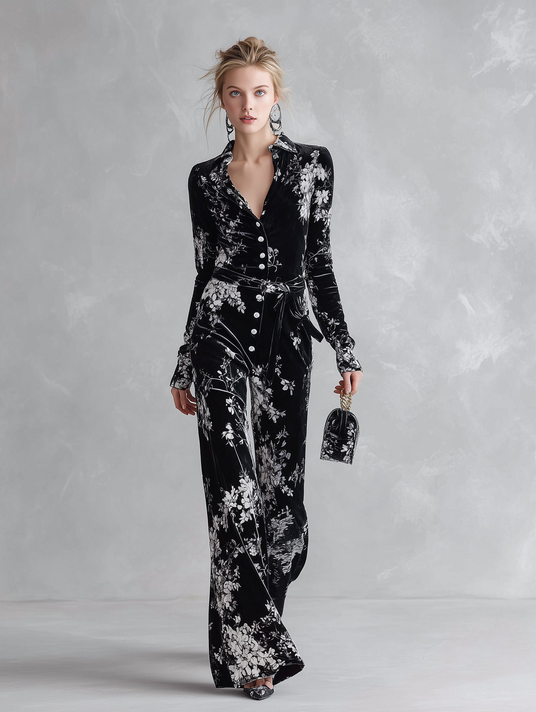 Floral Print Velvet Long Sleeve Wide Leg Jumpsuit