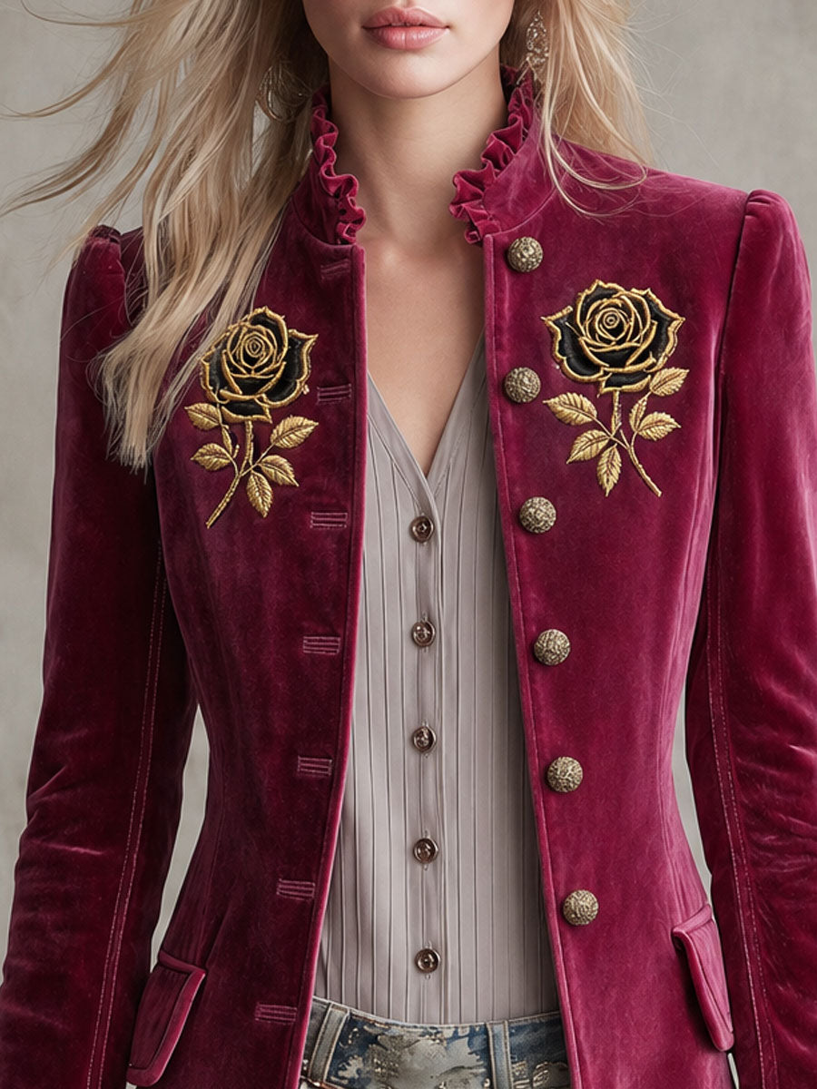 Vintage Rose Red Velvet Embroidered Military Coat
