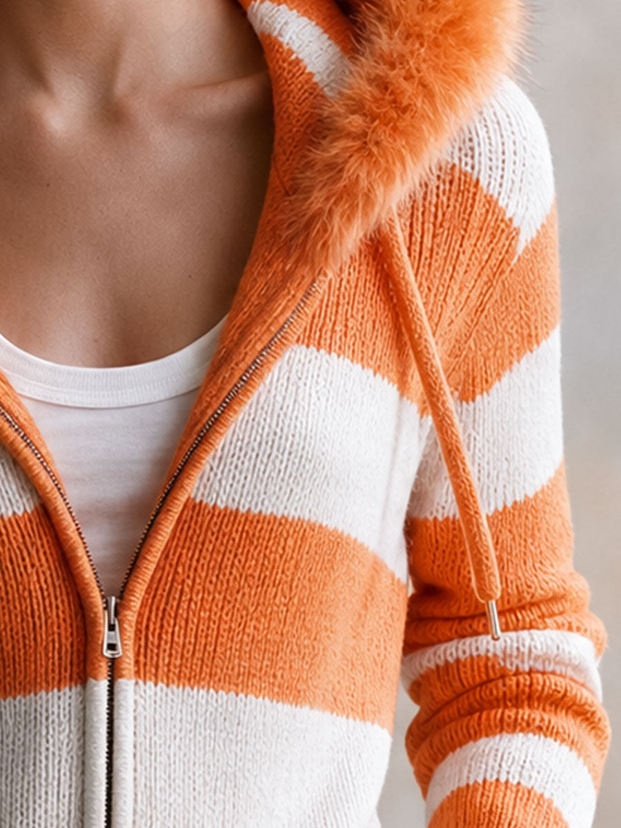 Casual Retro Orange Faux Fur Hooded Knit Cardigan