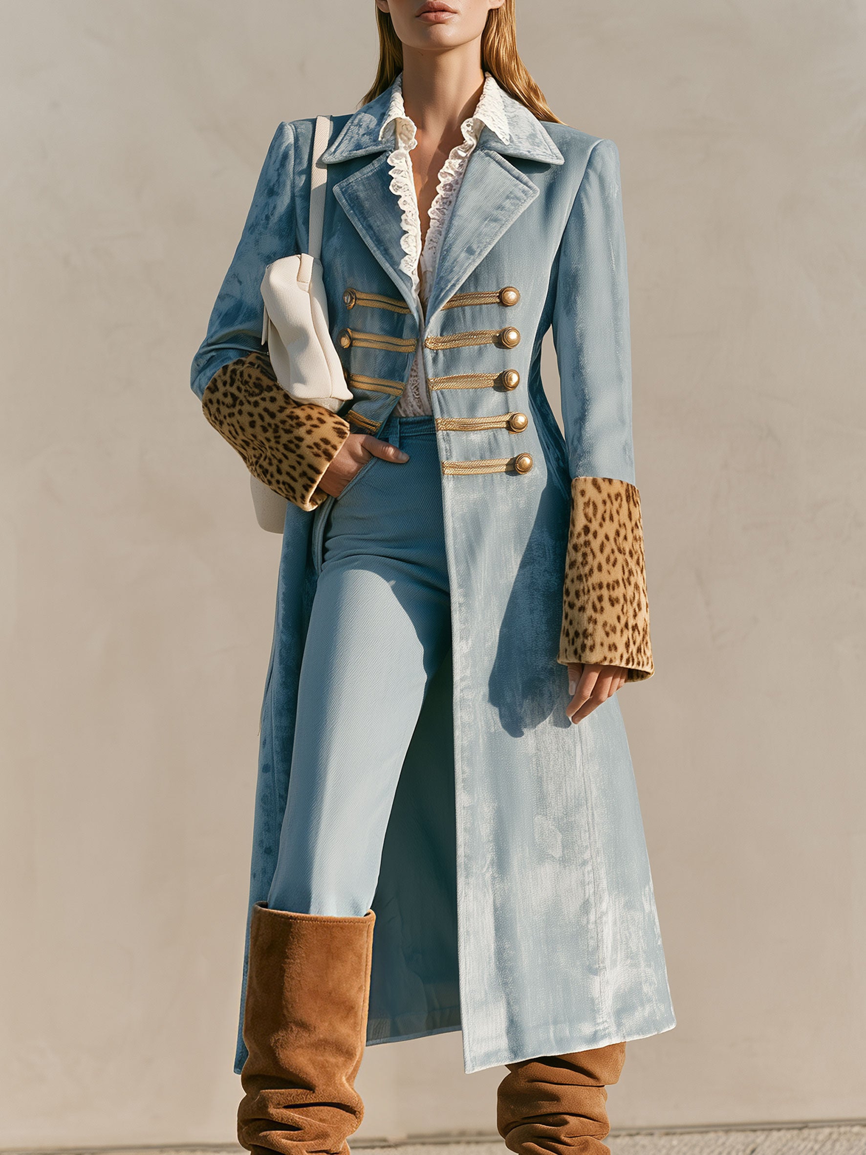 Stylish Retro Leopard Print Sleeve And Chinese Knot Button Light Blue Velvet Coat