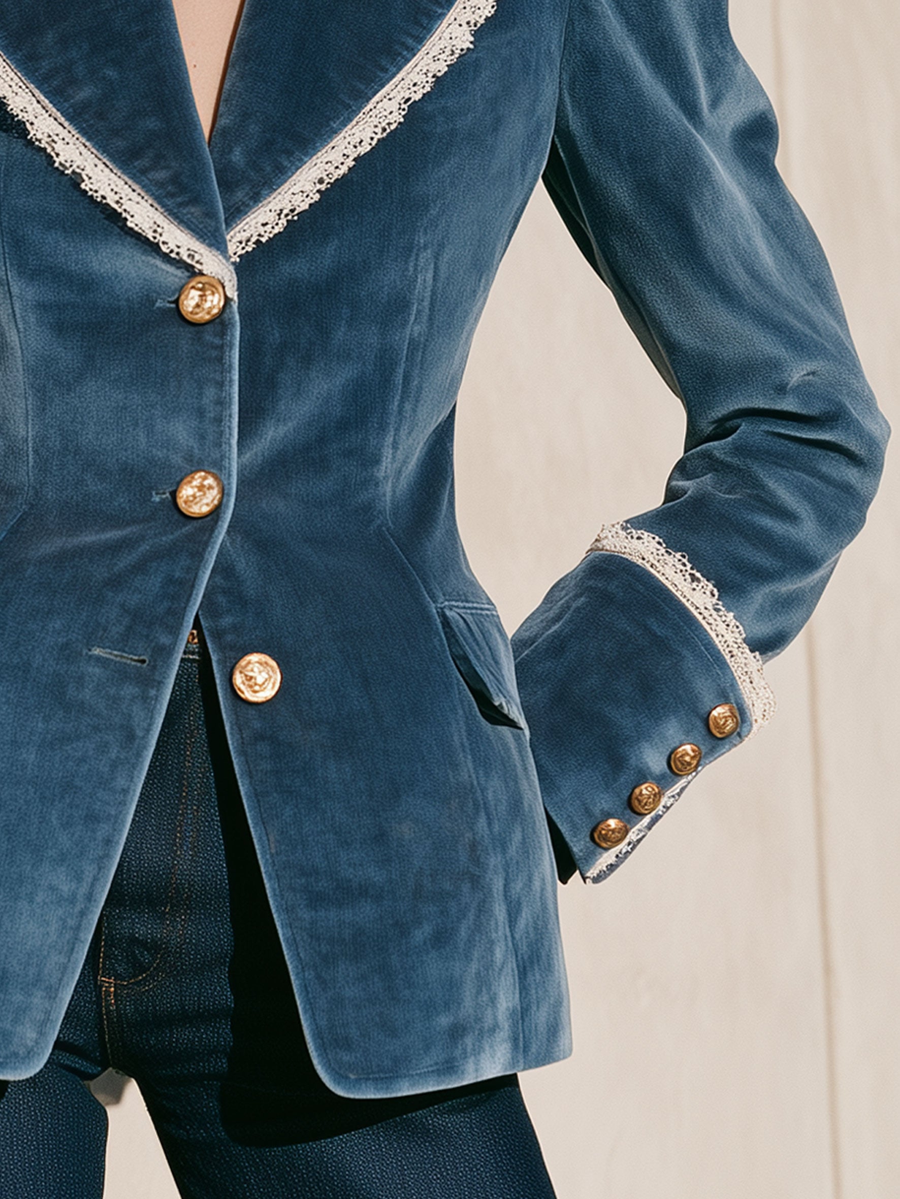 Fashionable Retro Lace-trimmed Lake Blue Velvet Blazer