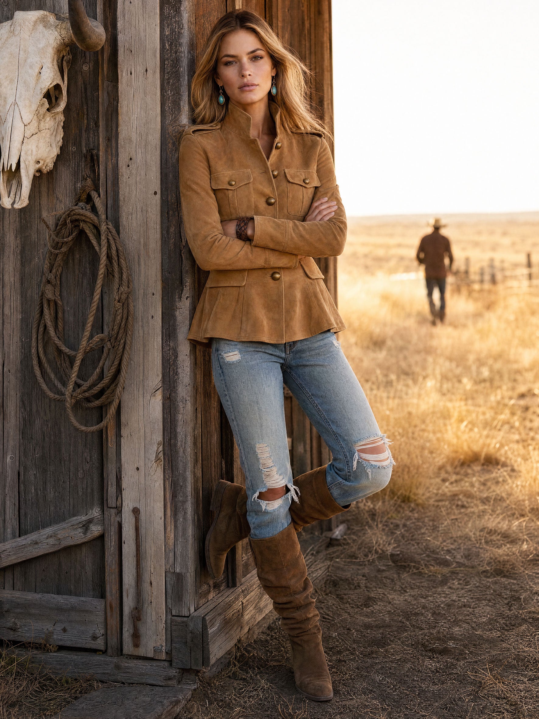 Casual Retro Camel-colored Faux Suede Jacket