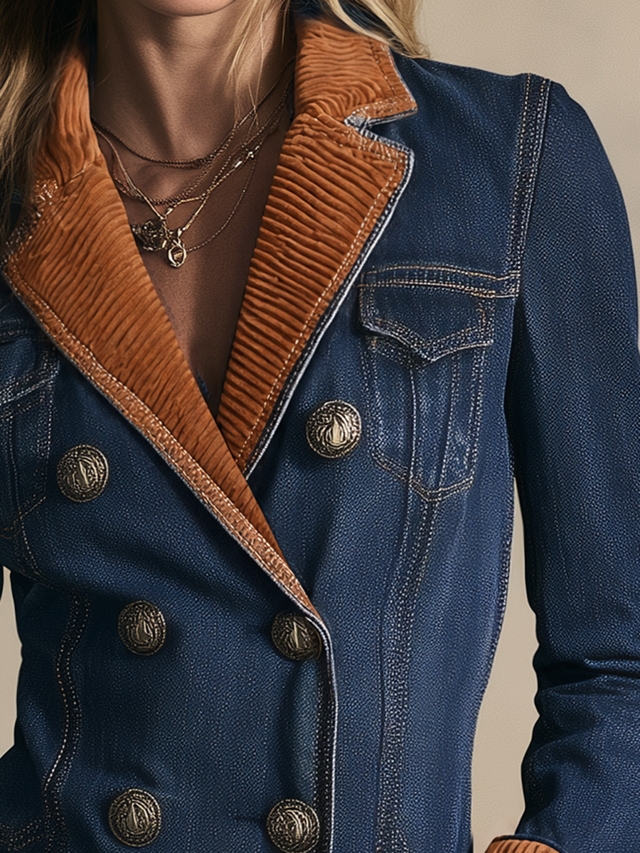Dark Blue Denim Coat Dress Women Corduroy Collar Double-Breasted Military