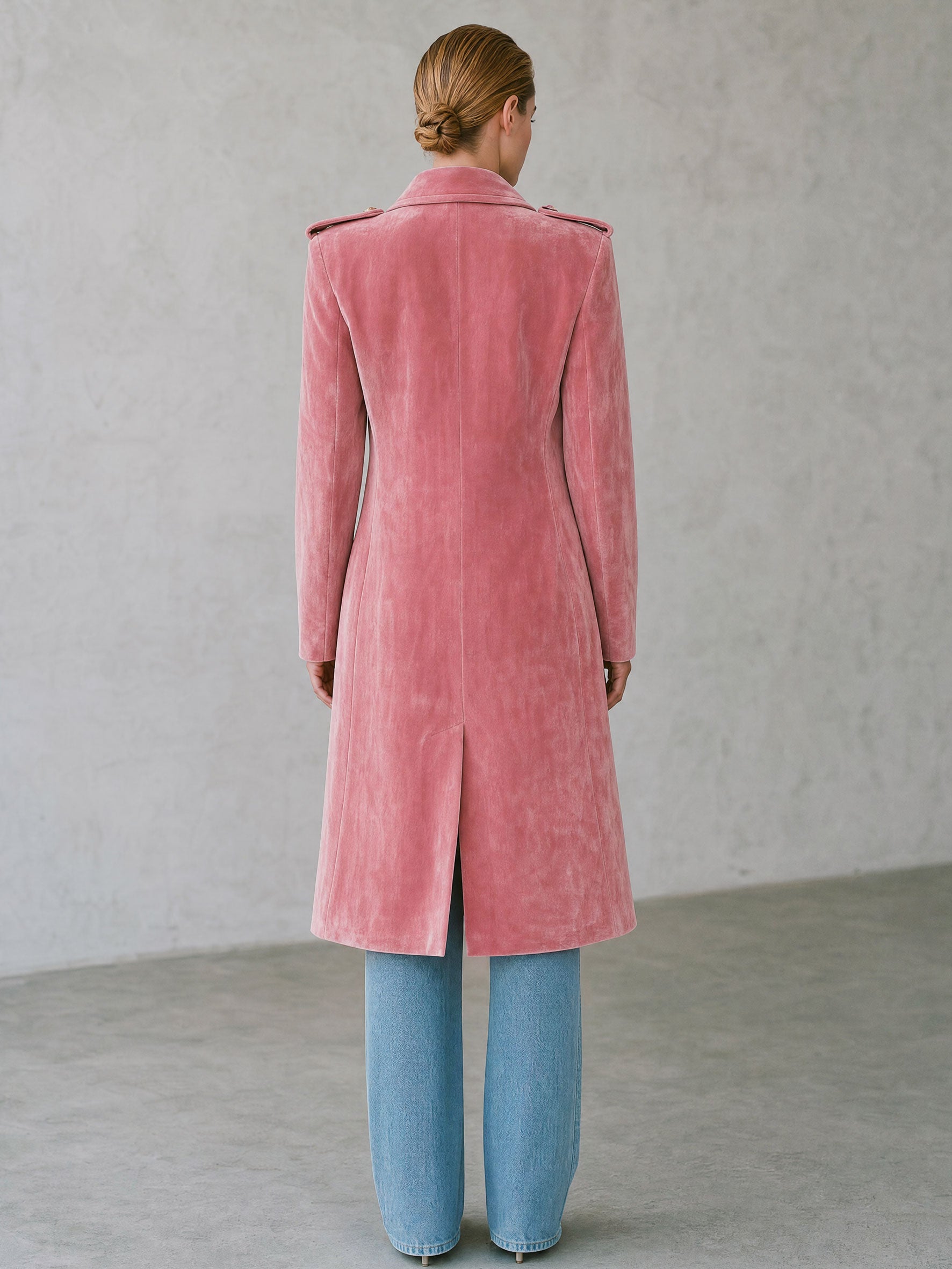 Casual Retro-style Pink Velvet Coat With Decorative Buttons