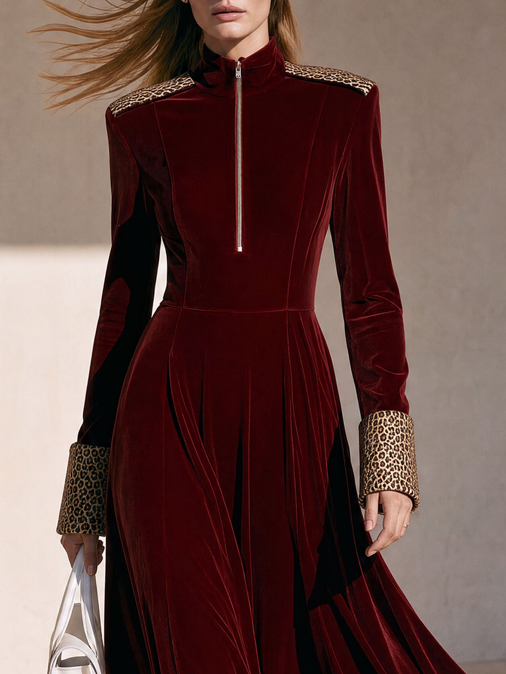Fashionable Retro Half-zip Leopard Print Patchwork Burgundy Velvet Maxi Dress