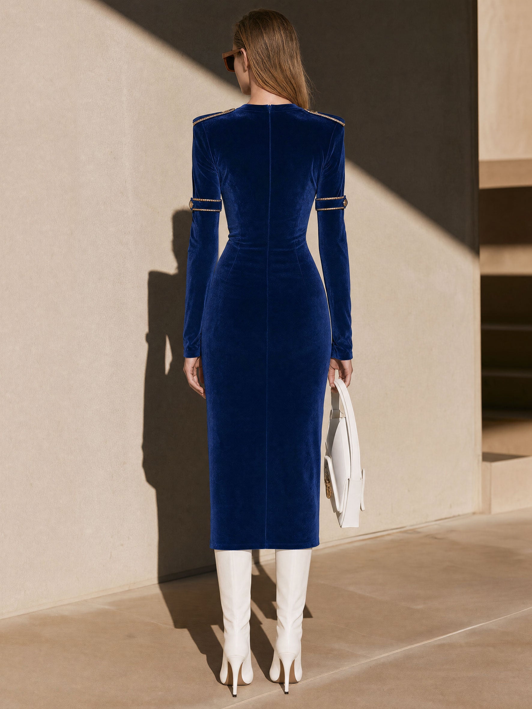 Fashionable Retro Gold Epaulette Royal Blue Velvet Slit Long-sleeved Midi Dress