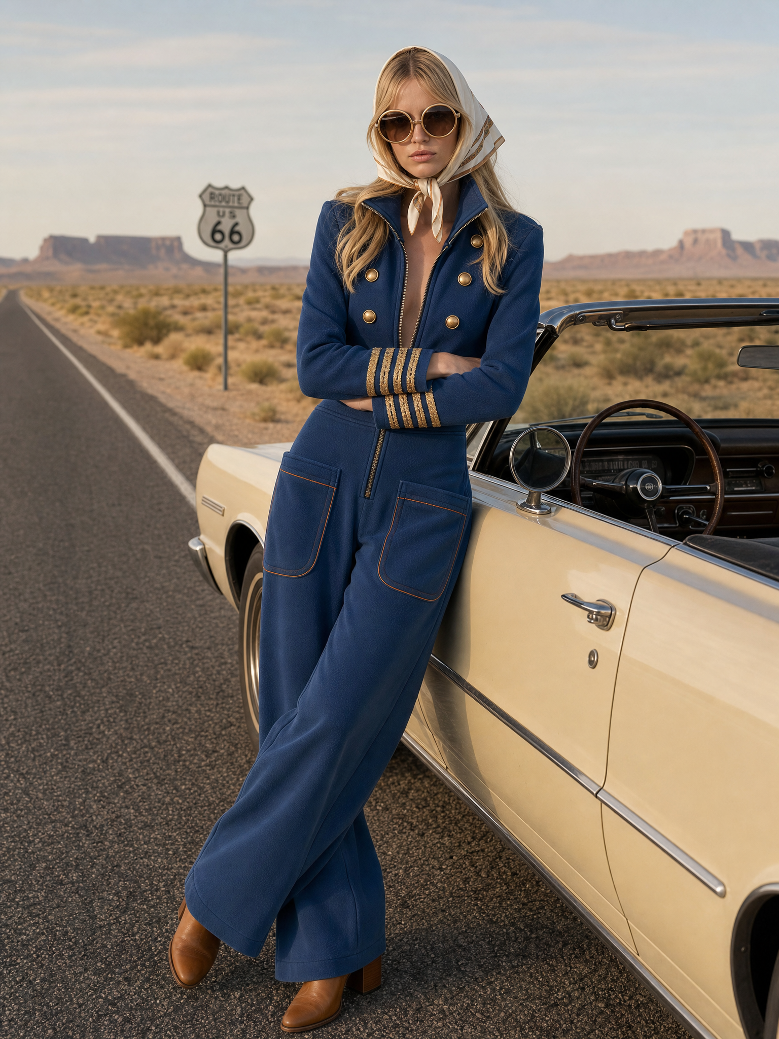 Vintage Military Navy Gold-Button Zip-Front Wide-Leg Sweatshirt Jumpsuit With Pockets