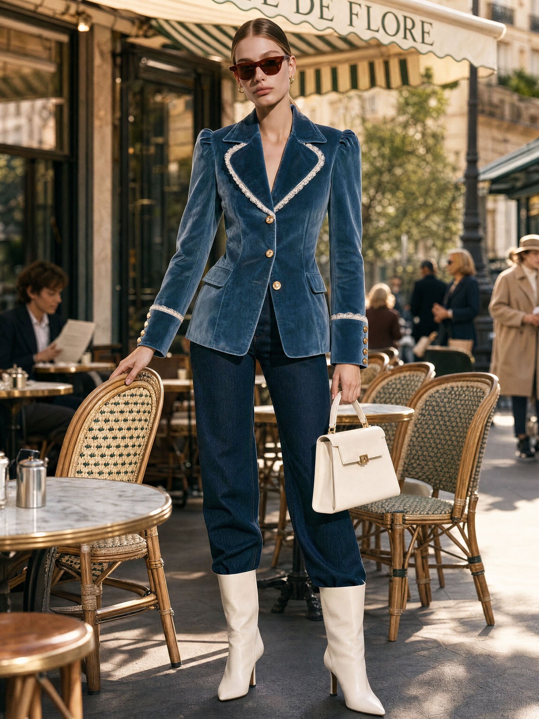 Fashionable Retro Lace-trimmed Lake Blue Velvet Blazer