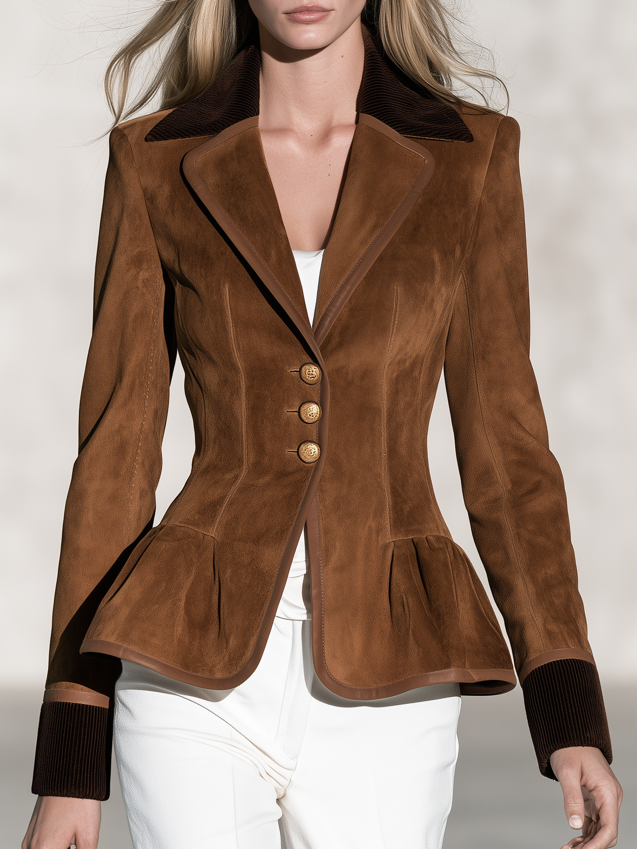 Retro-casual Elegant Faux-suede And Corduroy Paneled Ruffle Top
