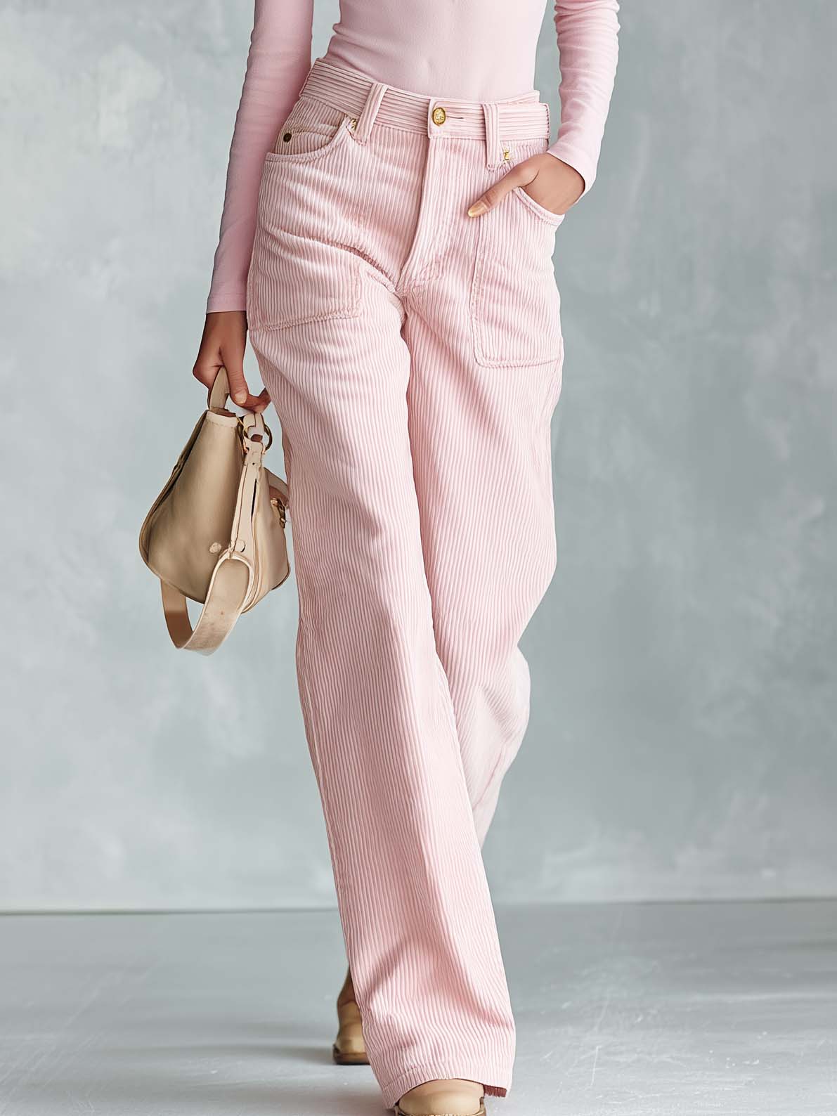 Elegant Versatile Light Pink Henley V-Neck Top Corduroy Wide-Leg Pants Set Women
