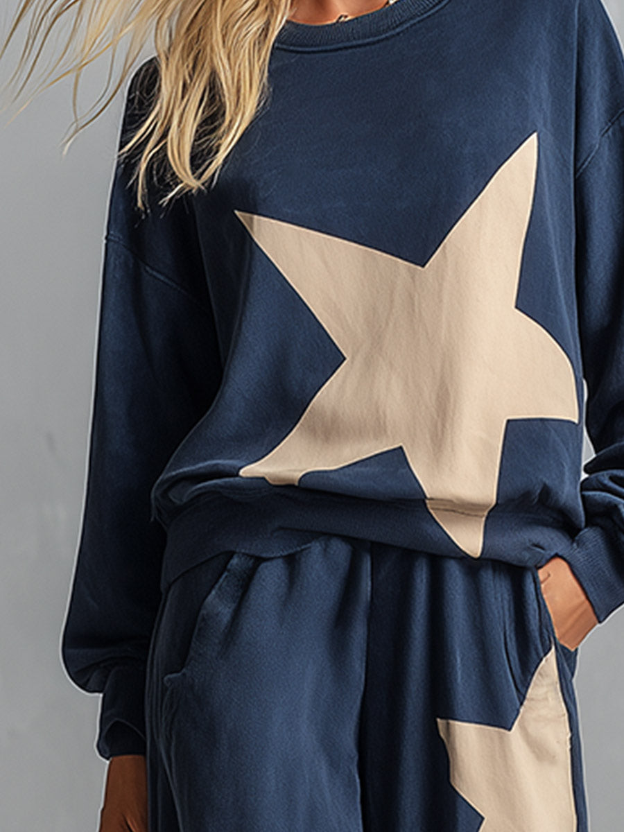 Stylish Casual Star-Print Blue Sweatshirt And Wide-Leg Pants Cotton Set