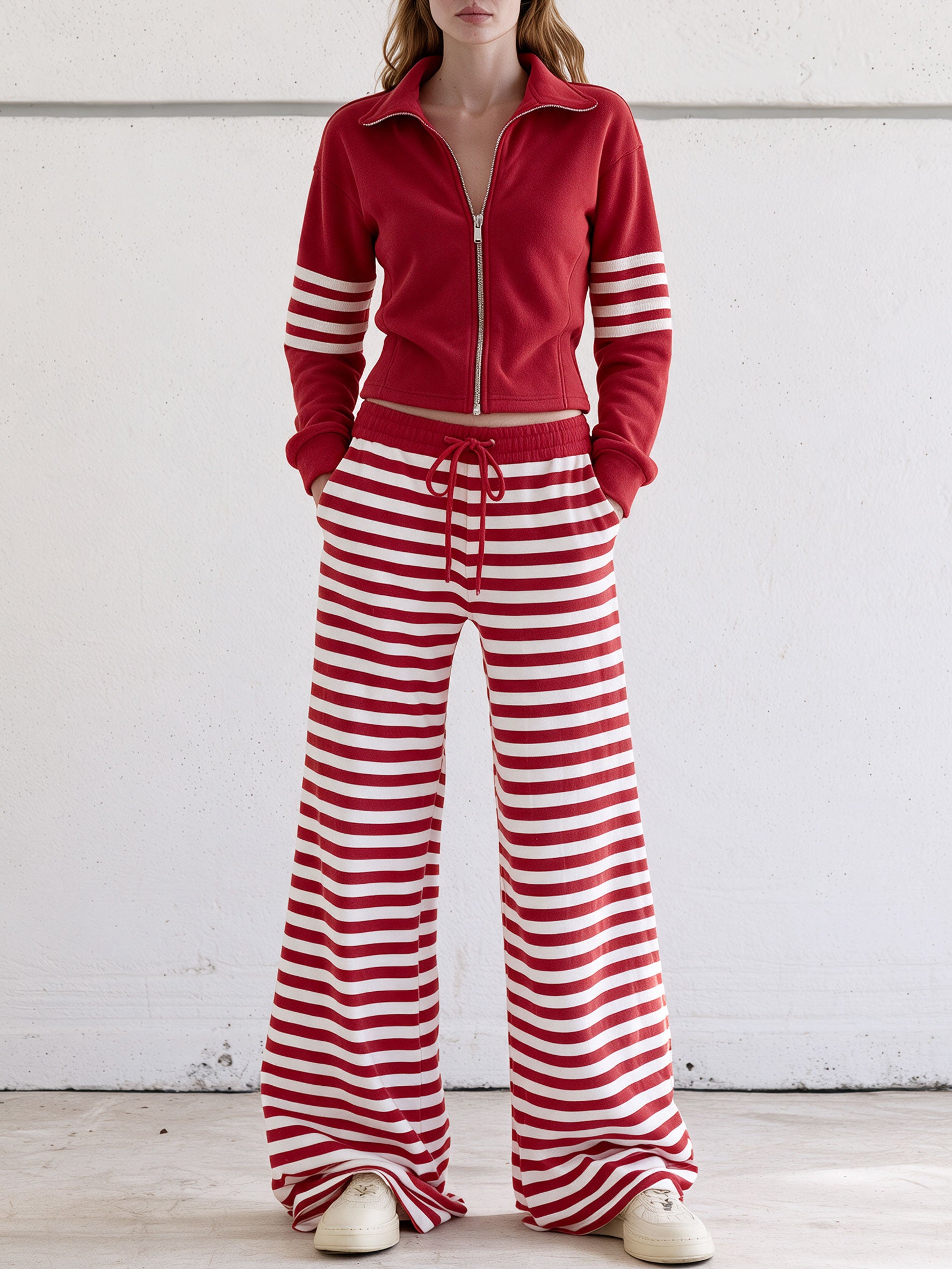 Casual And Comfortable Striped Red Fleece Jacket And Pants Set