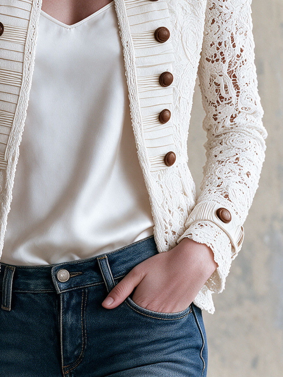 Retro White Stand-up Collar Double-breasted Lace Jacket
