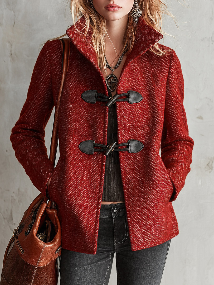 Vintage-style Toggle Coat Red Stand-collar Cropped Coat