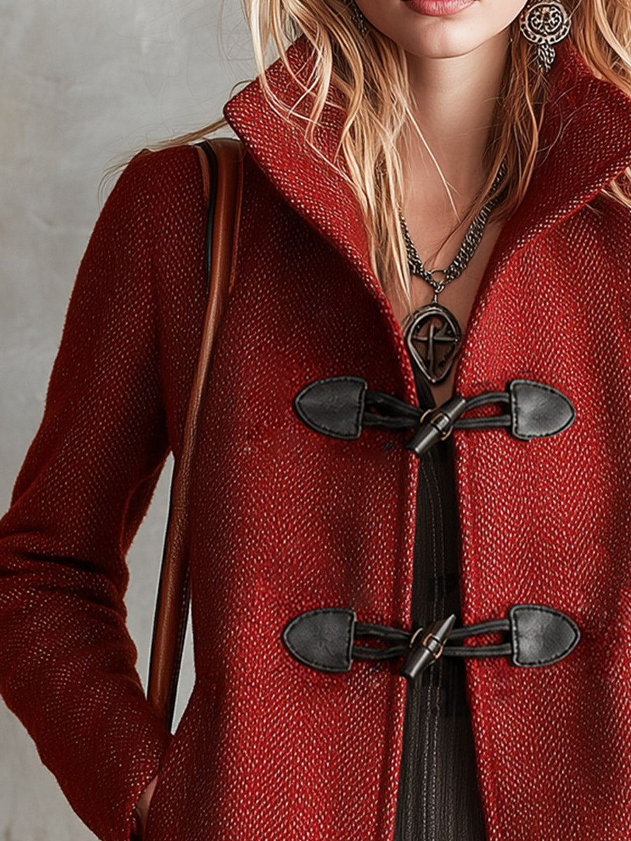 Vintage-style Toggle Coat Red Stand-collar Cropped Coat