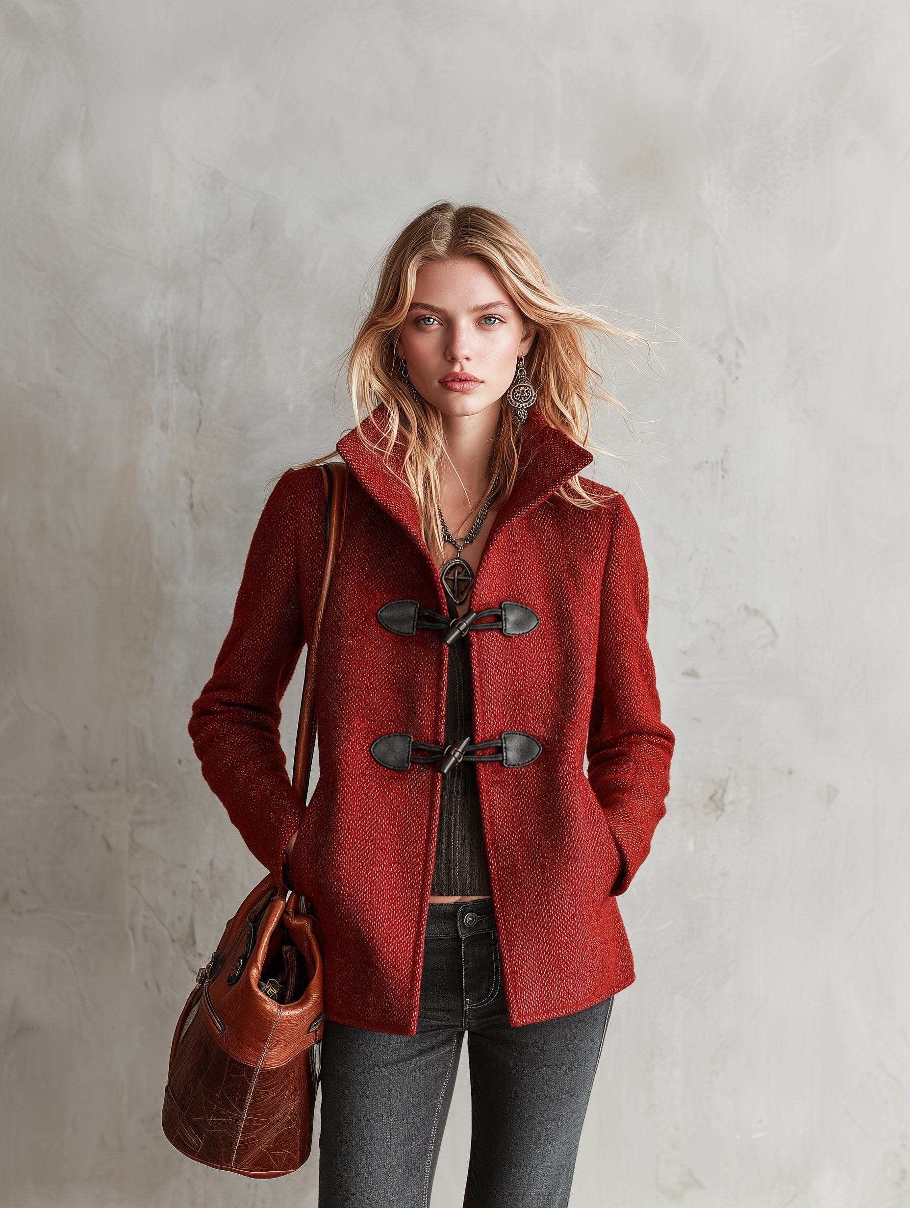 Vintage-style Toggle Coat Red Stand-collar Cropped Coat