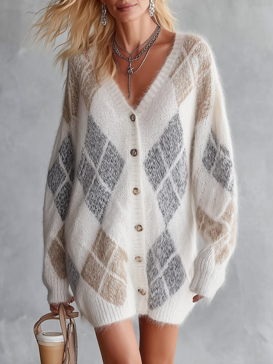 Cozy Color-Block White Plaid V-Neck Knit Mini Dress