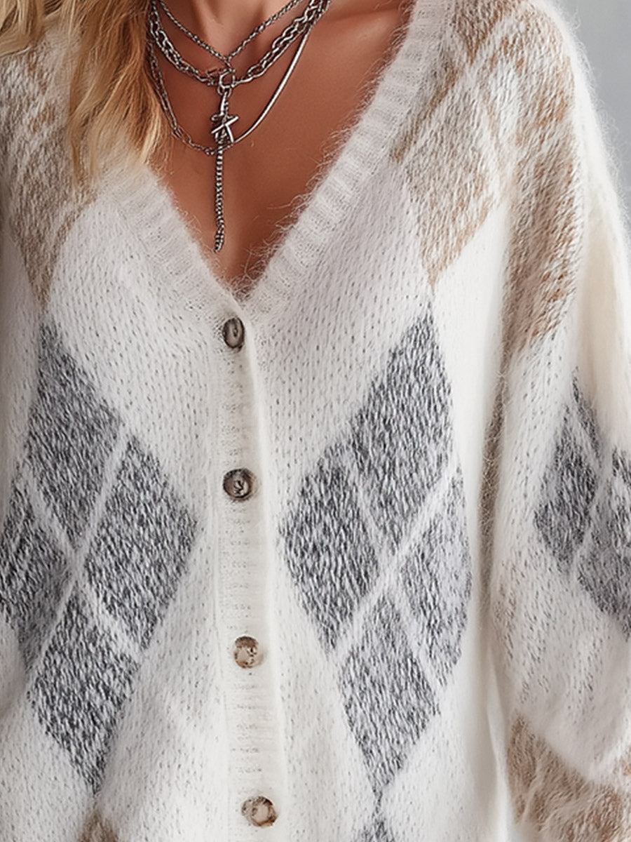 Cozy Color-Block White Plaid V-Neck Knit Mini Dress