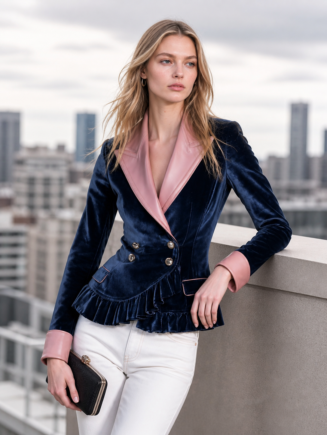 Retro-casual Elegant Jacket Featuring Velvet And PU Leather Paneling And Ruffle Details
