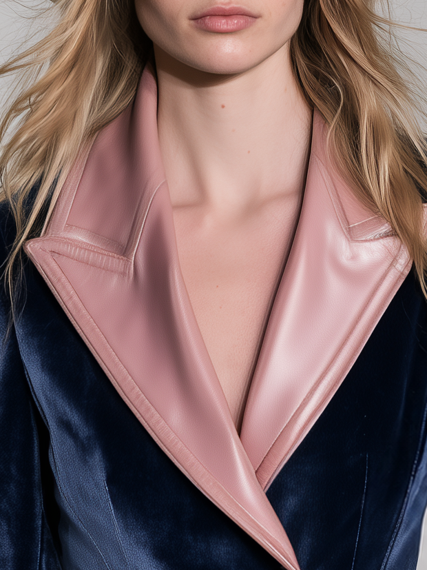 Retro-casual Elegant Jacket Featuring Velvet And PU Leather Paneling And Ruffle Details