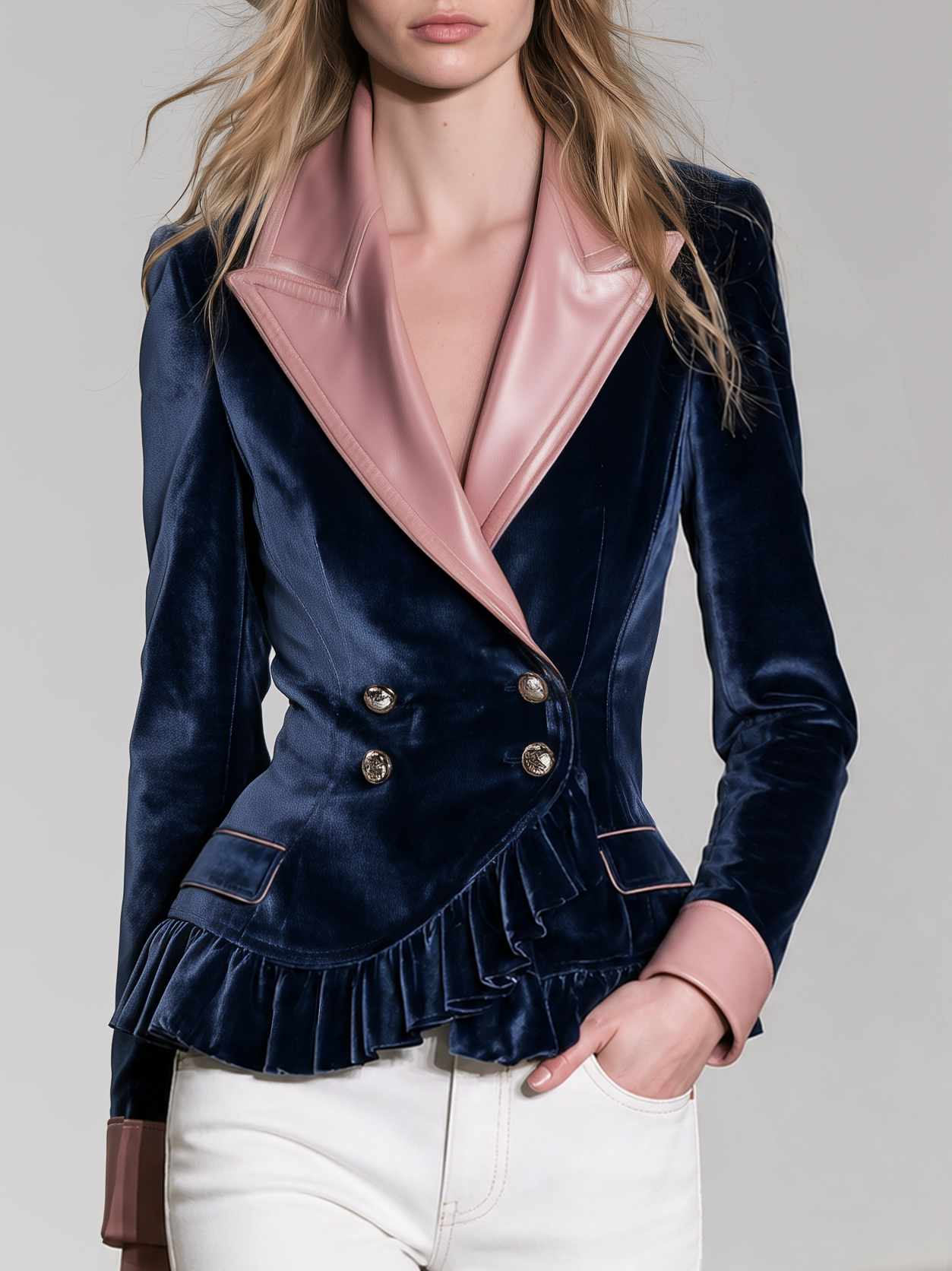 Retro-casual Elegant Jacket Featuring Velvet And PU Leather Paneling And Ruffle Details