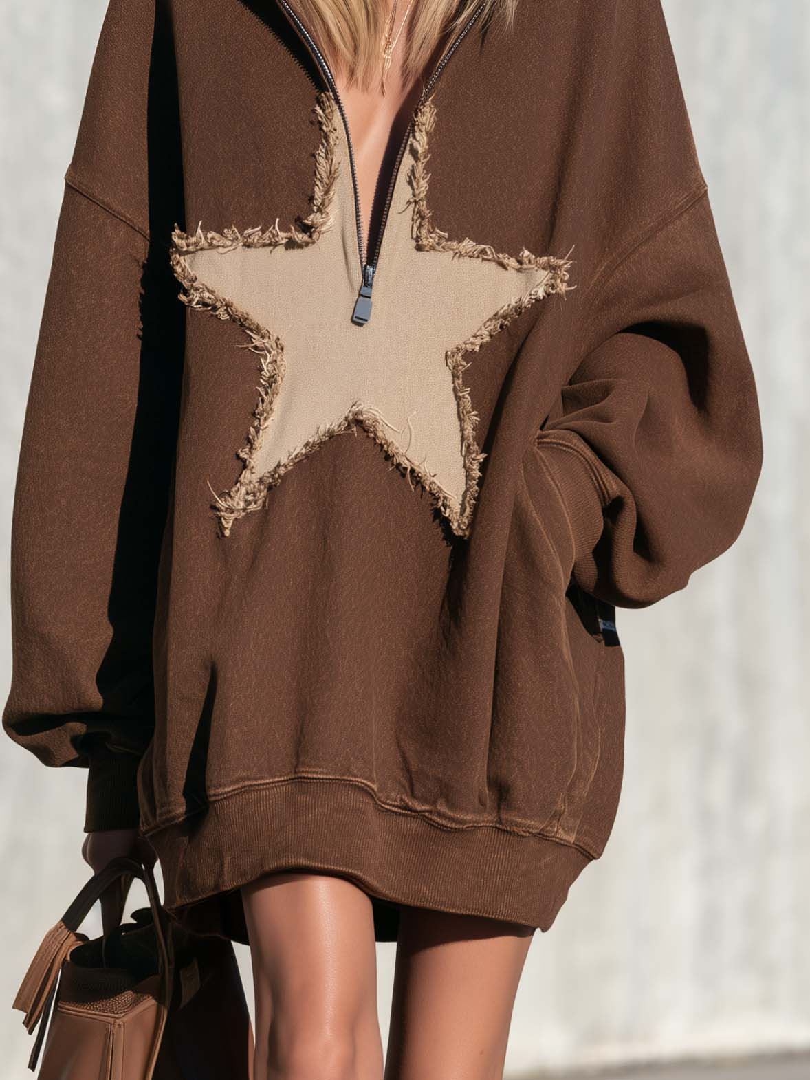 Comfortable Casual Hooded V-neck Star Appliqué Chocolate Cotton Mini Dress