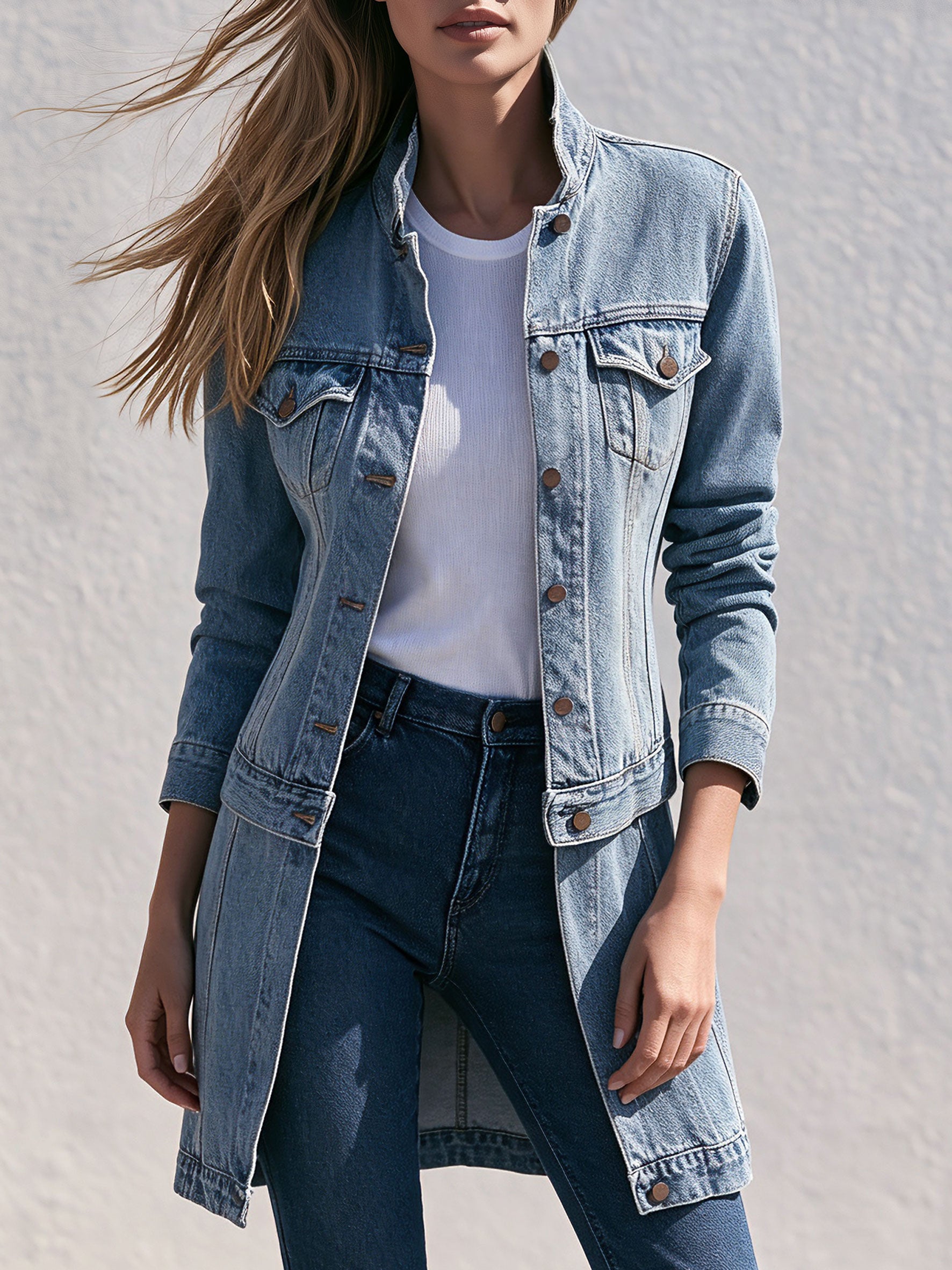 Retro Stand-up Collar Zipper Washed Denim Blue Faux Two-piece Coat