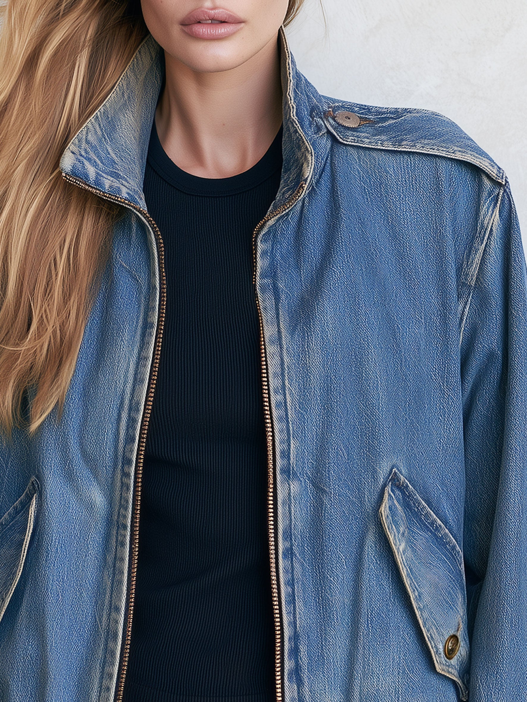 Retro Stand-up Collar Zipper Washed Denim Blue Bomber Jacket