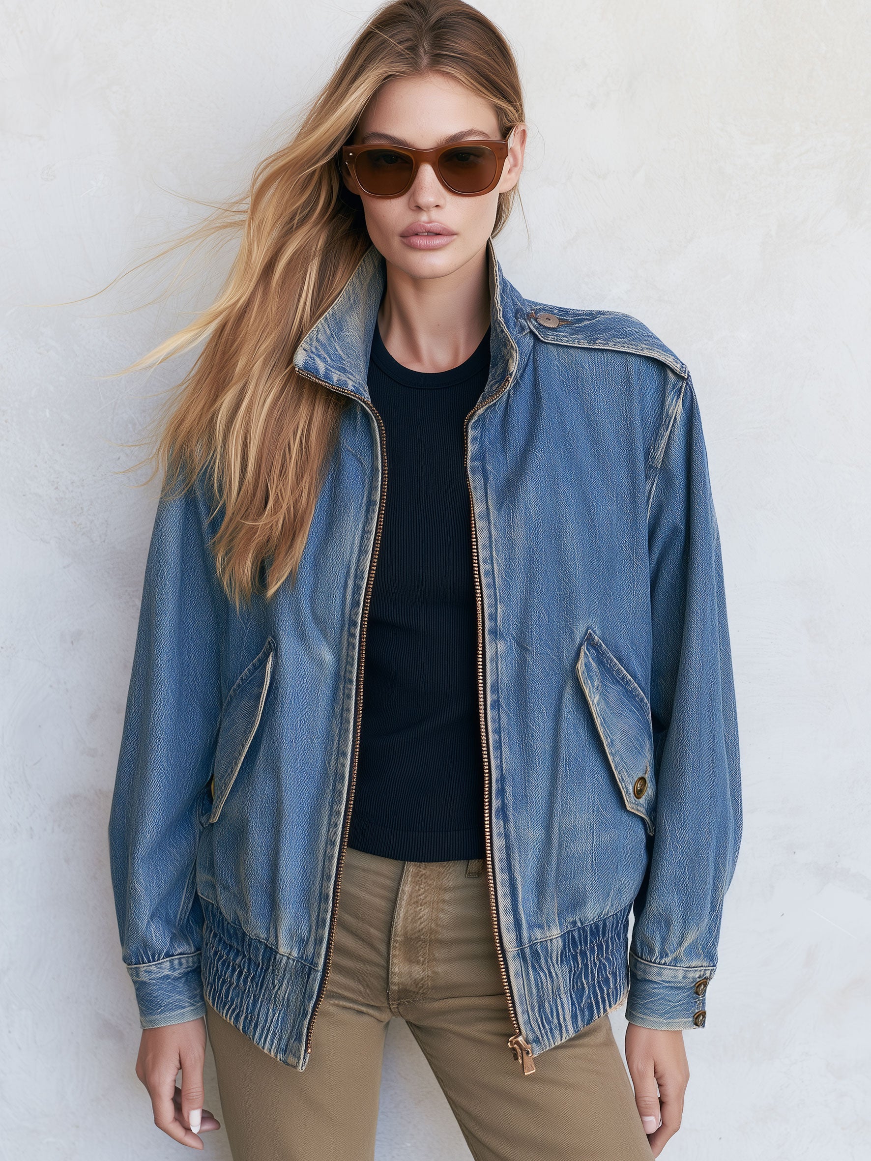 Retro Stand-up Collar Zipper Washed Denim Blue Bomber Jacket