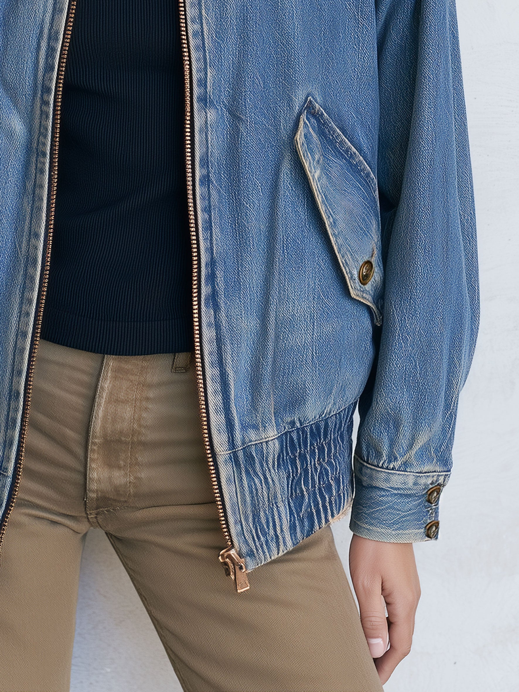 Retro Stand-up Collar Zipper Washed Denim Blue Bomber Jacket