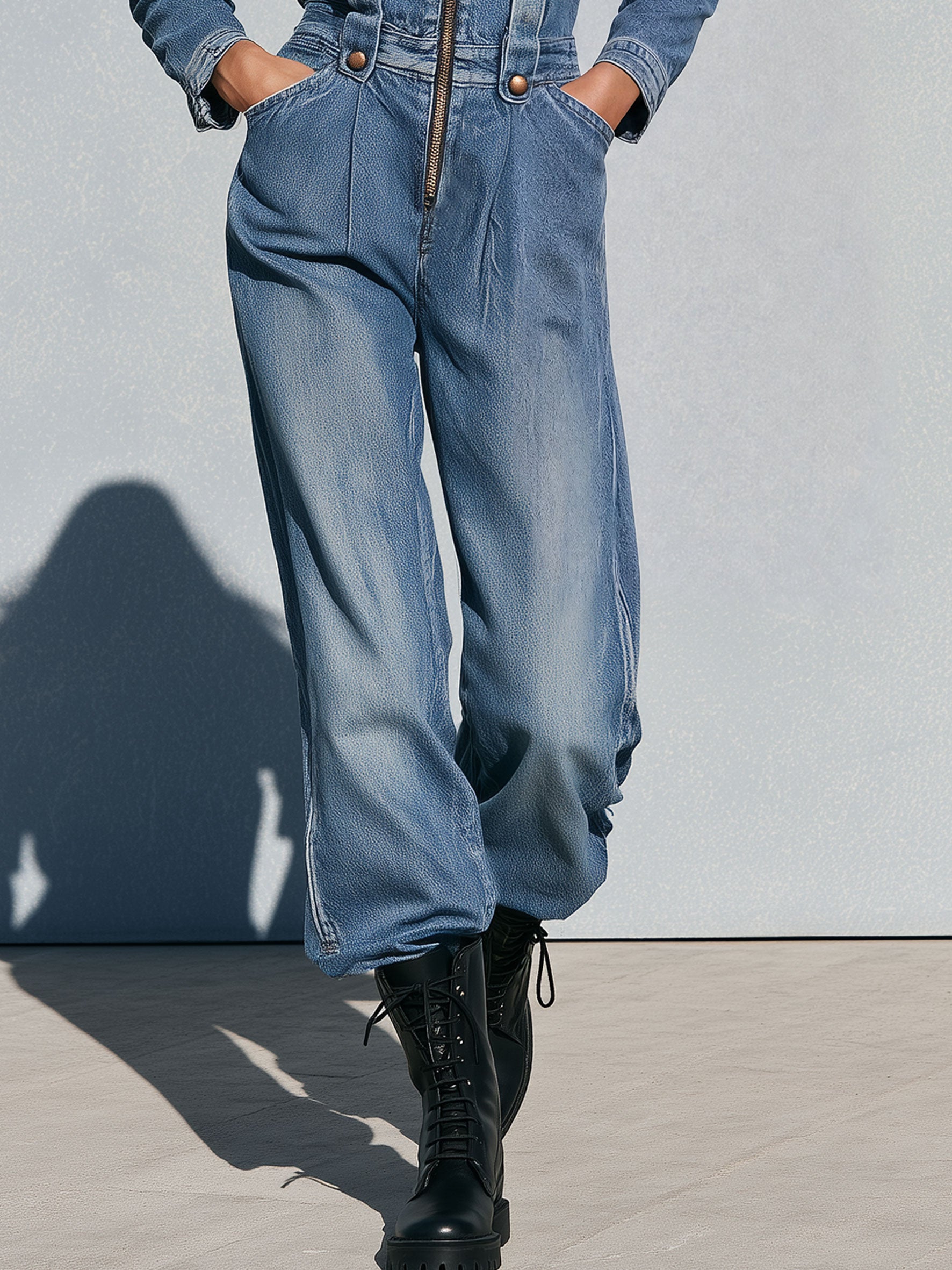 Vintage Washed Denim Blue Military Officer-style Bronze Button-down Collar Jumpsuit