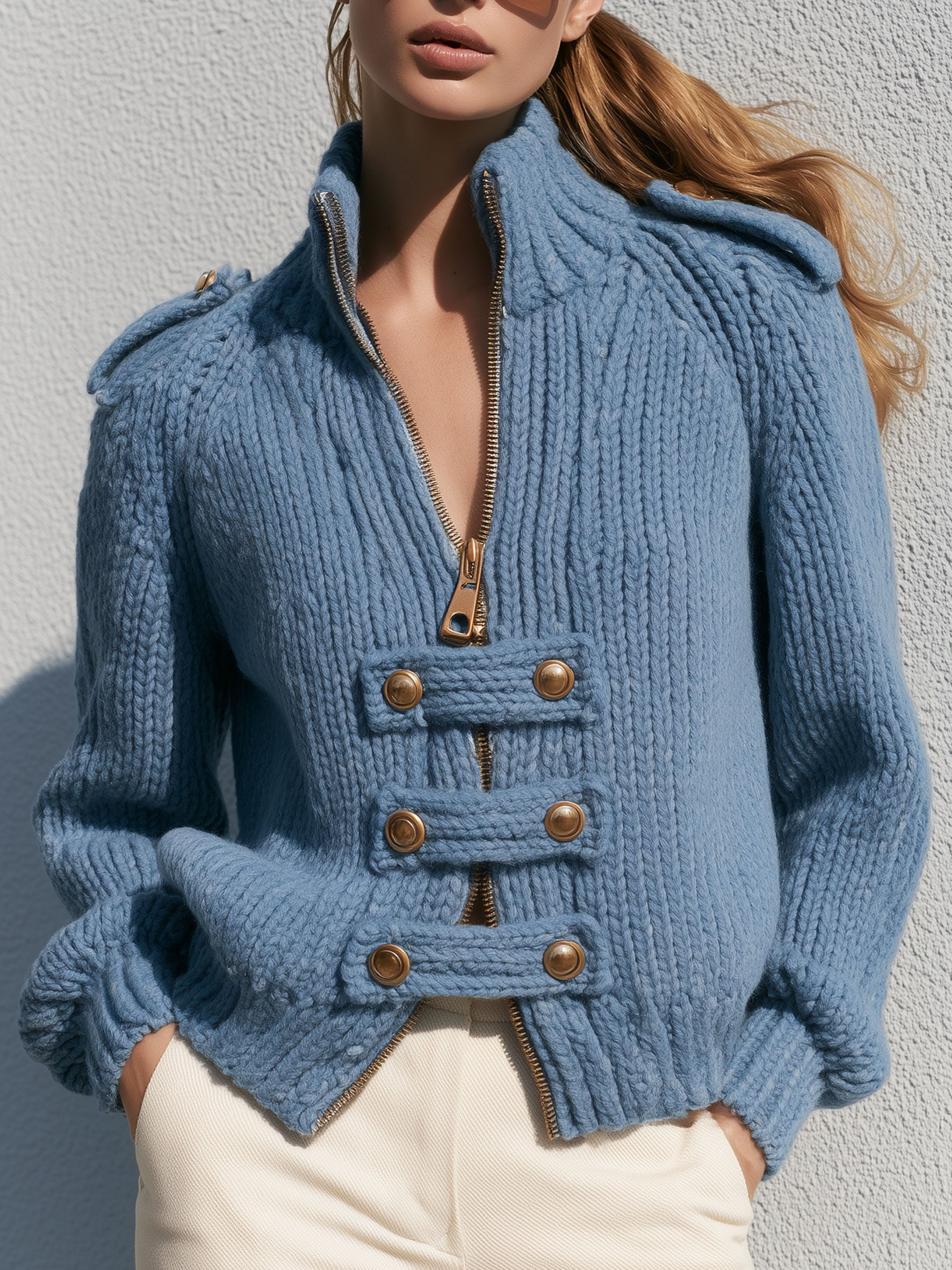 Exquisite Retro Stand-up Collar Zip-up Button Blue Knit Officer Jacket