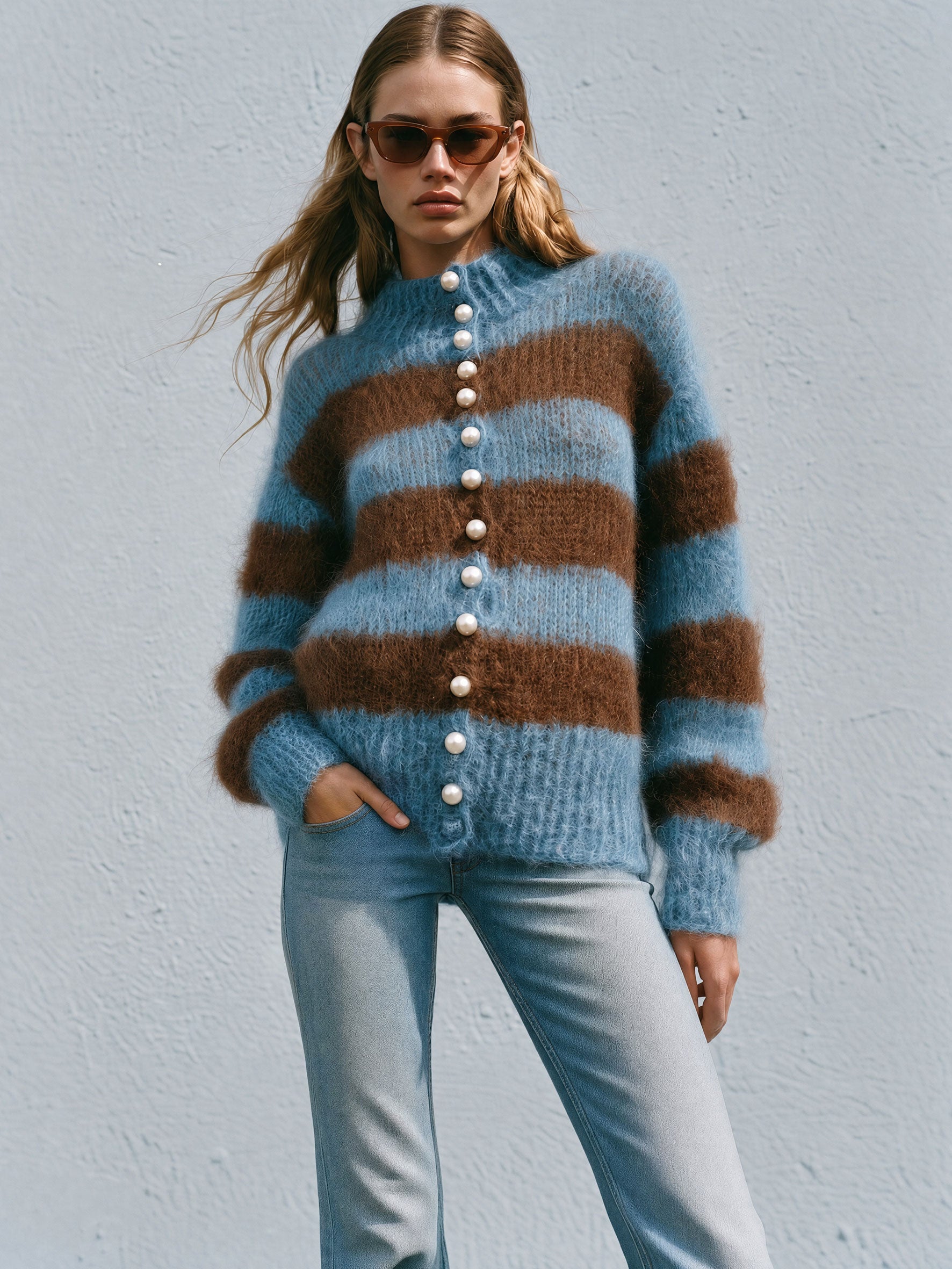 Warm Retro Stand-up Collar Blue-brown Striped Long-haired Knit Cardigan