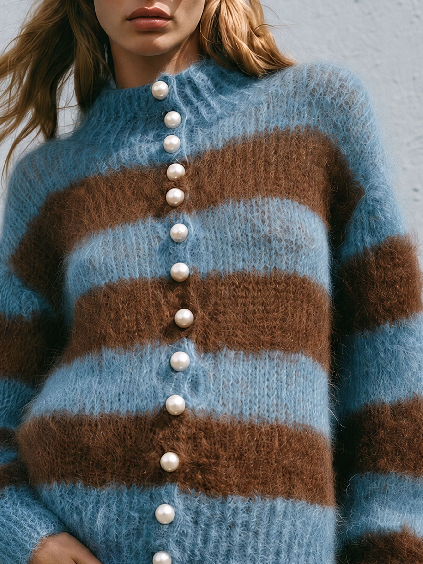 Warm Retro Stand-up Collar Blue-brown Striped Long-haired Knit Cardigan