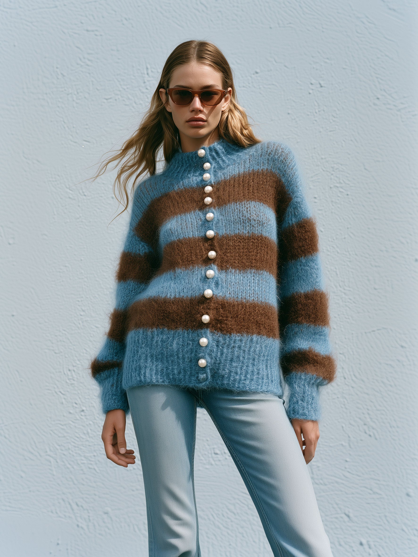 Warm Retro Stand-up Collar Blue-brown Striped Long-haired Knit Cardigan