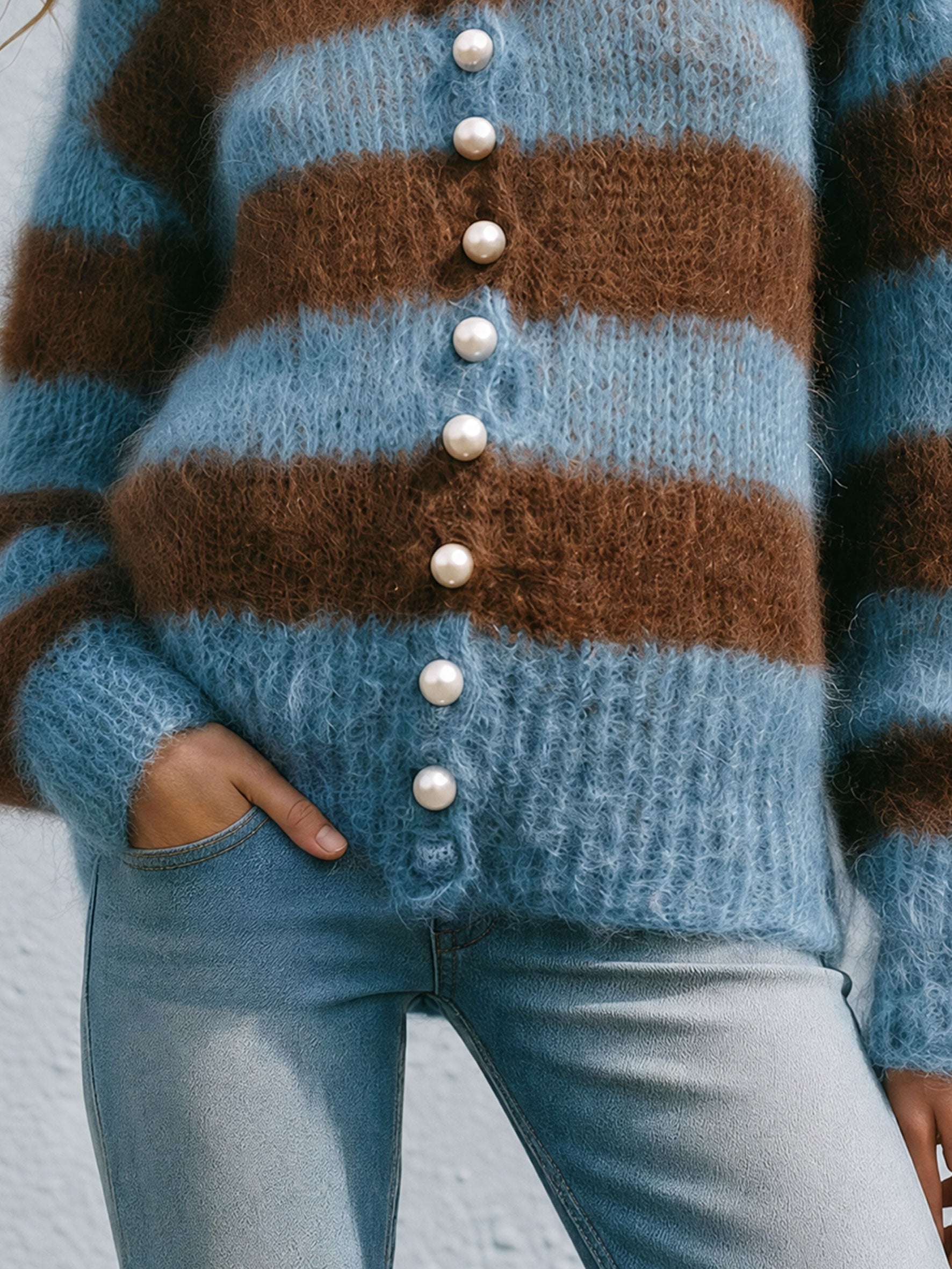 Warm Retro Stand-up Collar Blue-brown Striped Long-haired Knit Cardigan
